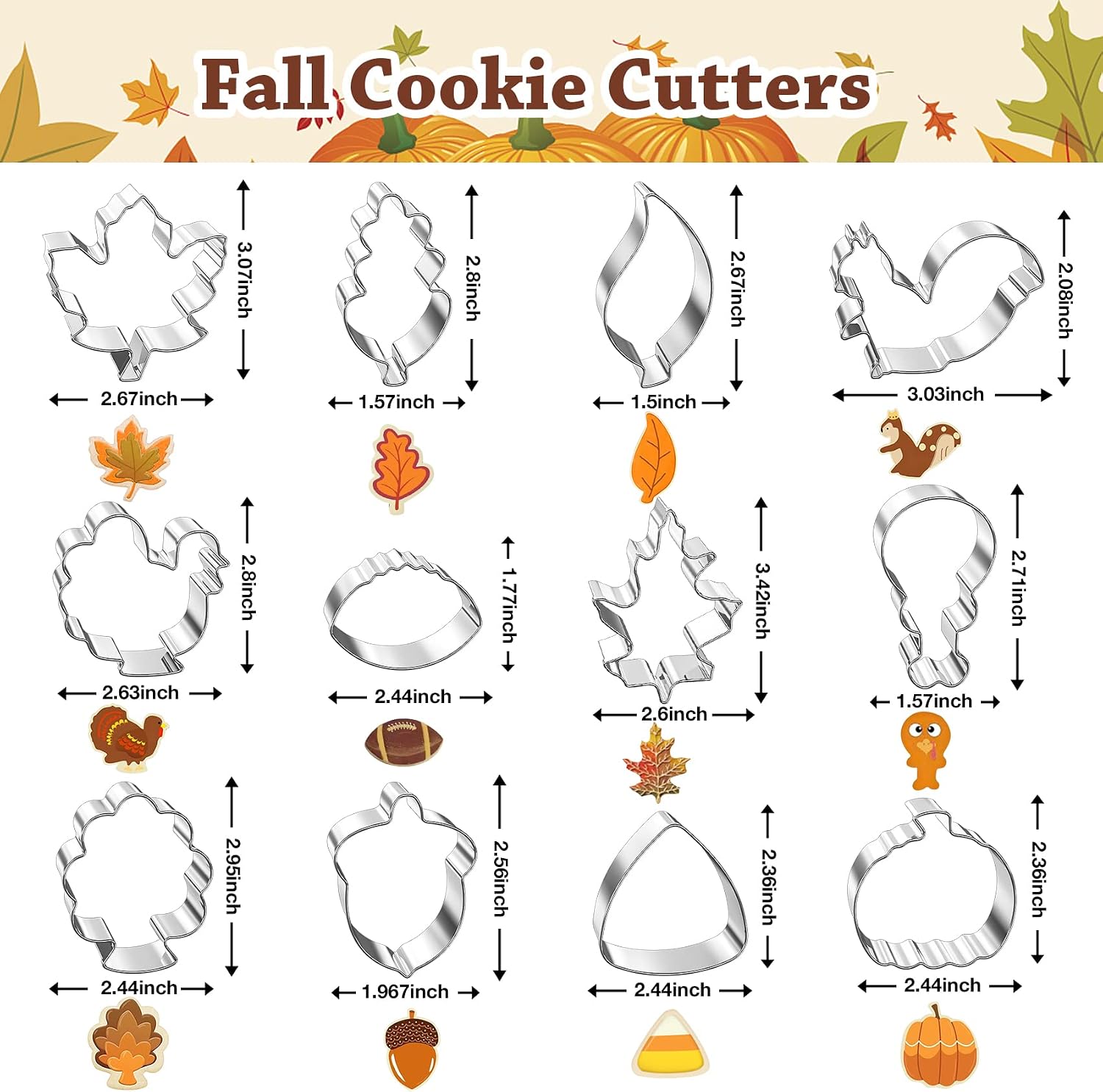 Hibery 12 Pcs Fall Cookie Cutters, Pumpkin Cookie Cutters Set, Holiday Maple Leaf Cookie Cutters for Baking, Thanksgiving Turkey, Pumpkin, Acorn, Oak Leaf, Squirrel