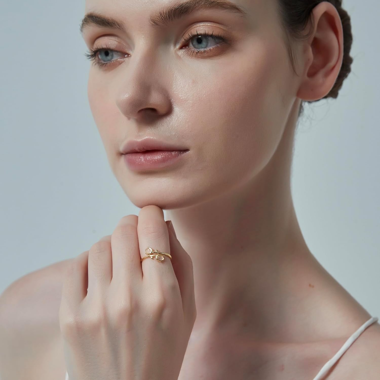 PERIMADE Rose Quartz Tulip Flower Stacking Ring for Women 18K Gold Plated Pink Floral Open Wrap Band, 925 Sterling Silver Adjustable Bypass Ring Birthday Friendship Gift Mother Best Friend