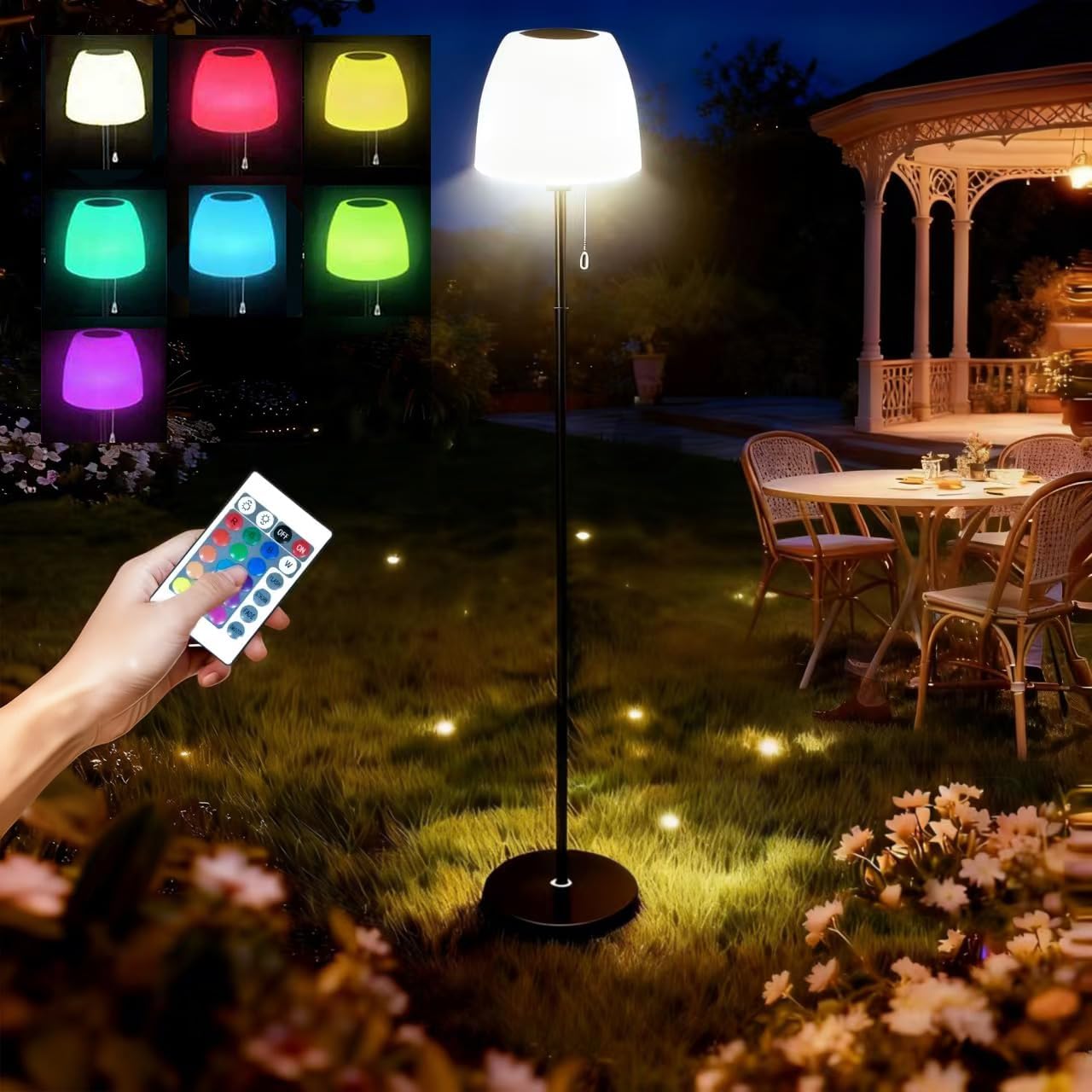 Solar Floor Lamp Outdoor Waterproof, Christmas Lights Charging Cable for Rechargeable Floor Lamp, Cordless Dimmable Warm White+RGB+16 Colors LED Floor Lamps for Lawn, Pool, Garden 59 inch