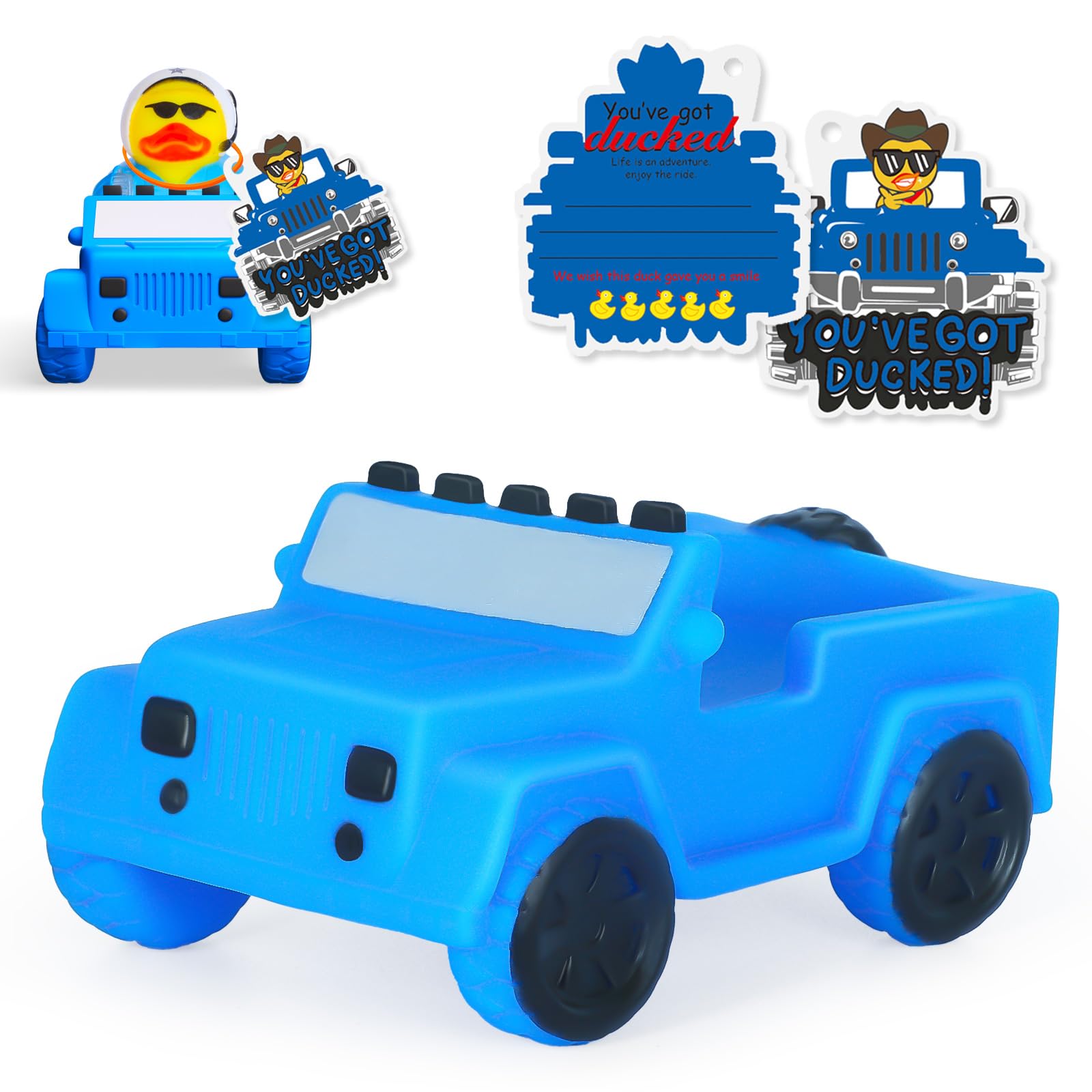 Jyeennar Blue Rubber Duck for Jeeps with Car Accessories (Blue Car + Card + Rubber Band), Vibrant Dashboard Decor, Cruise Duck Hiding Game, Safe Gift for Jeep Enthusiasts