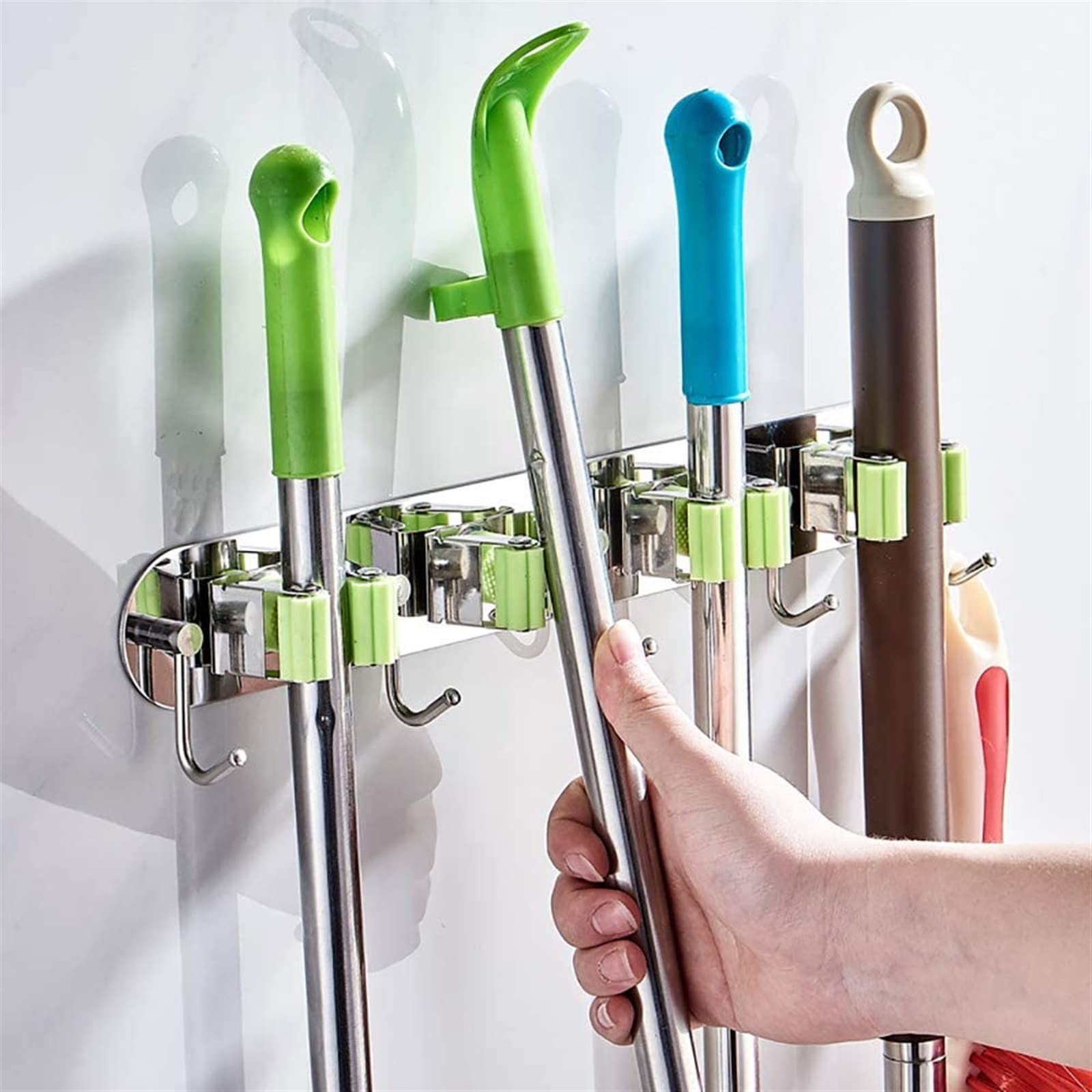 Soporte for fregona, pinza for escoba, organizador montado en la pared, estante for fregona multifuncional de acero inoxidable, punzón libre, baño, cocina, escoba, fregona, for colgar en la pared, 4 e