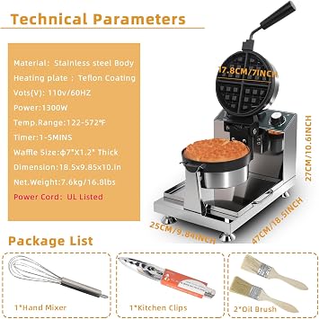 Hehinton 110V 1300W Commercial Belgian Waffle Maker, Rotatable Croffle Machine with 122-572F Temp Control, 0-5min Timer, 7X1.2 Thick Non-Stick Liege Waffle Maker