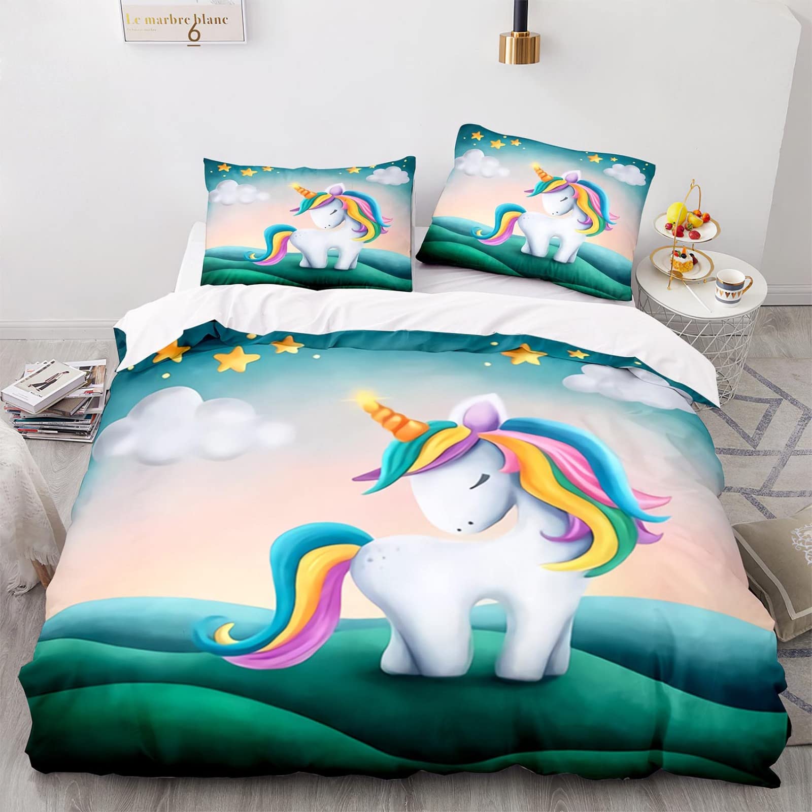 Microfibra Suave Funda Nordica Infantil Cama 105 Unicornio Funda Nordica 155X220 155X220 Cm Ropa De Cama Infantil con 2 Fundas De Almohada De 40X75Cm Impresión 3D