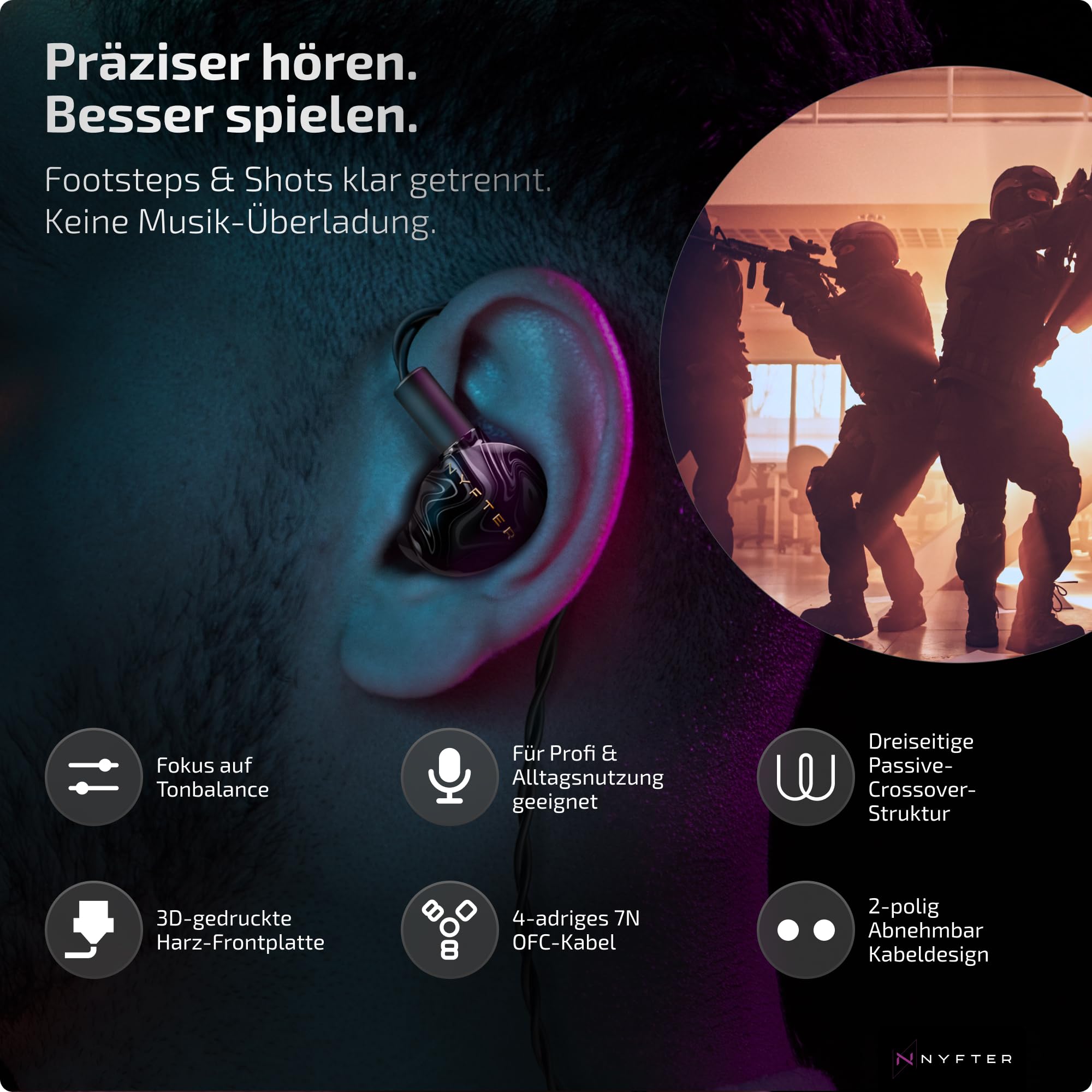 Nyfter - Mizu Gaming IEM - Monitor in-ear ibrido HiFi con guscio in resina artigianale dal design unico - Cavo da 2 m - Profilo audio per gaming ed e-sport (Default)