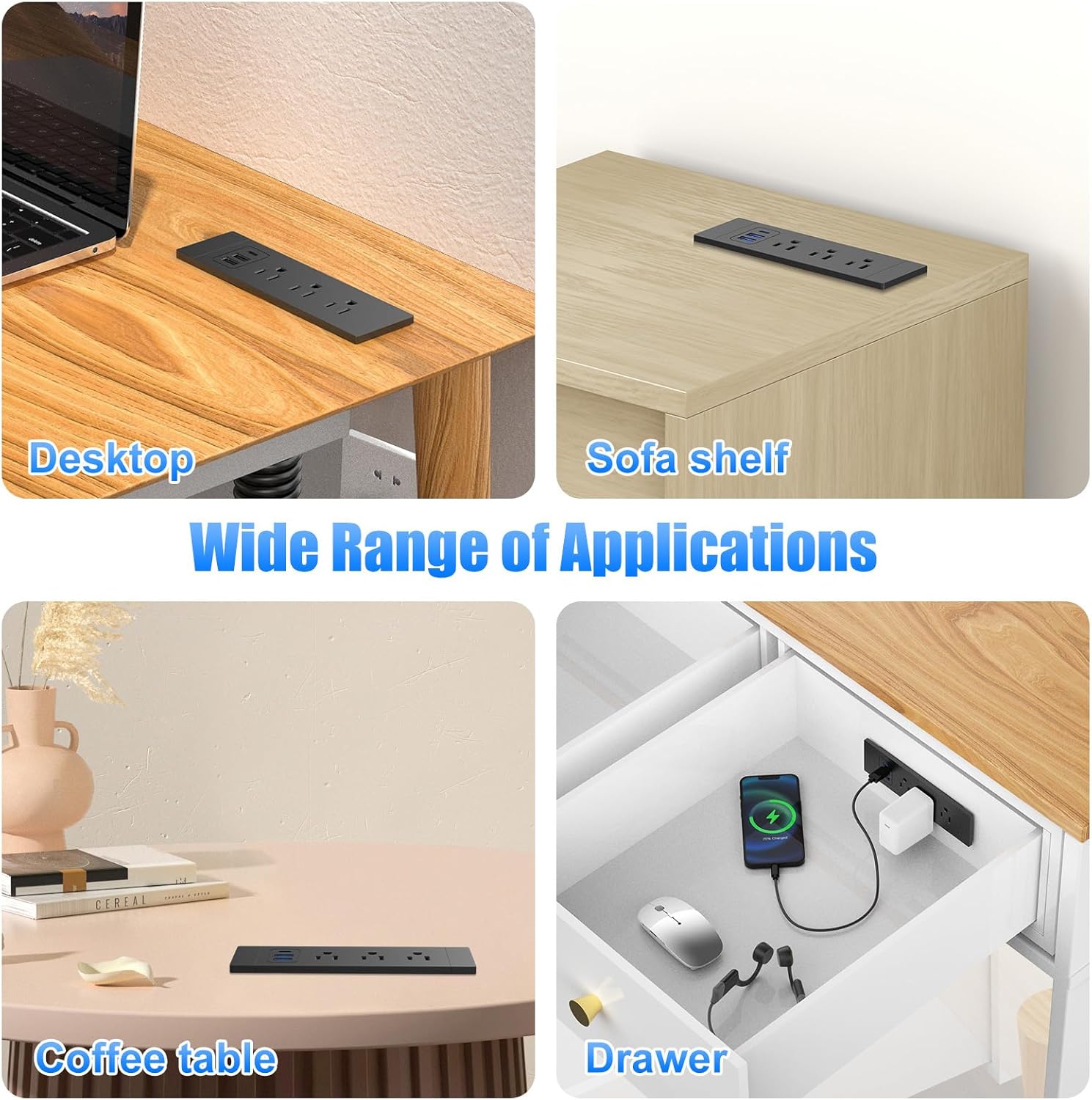 Furniture Drawer Outlet (ETL Listed), Tamper-Resistant Design AC Outlets,Recessed Power Strip with 3 PD 20W USB Ports Fast Charging & 3 AC Outlets, 5 FT Spring Cord (Black)