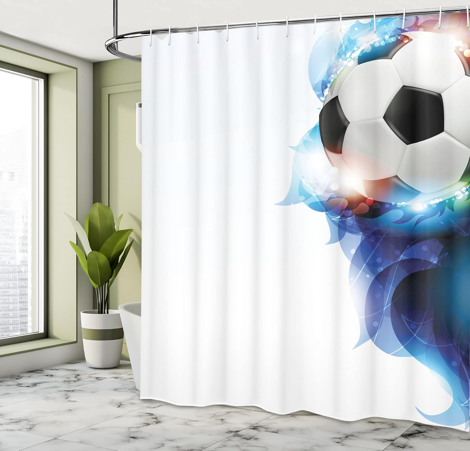 Ambesonne Soccer Shower Curtain, Soccer Ball Surrounded by Art Graphic Vivid Petals Football Game Theme, Cloth Fabric Bathroom Decor Set with Hooks, 69" W x 75" L, Dark Blue White Black