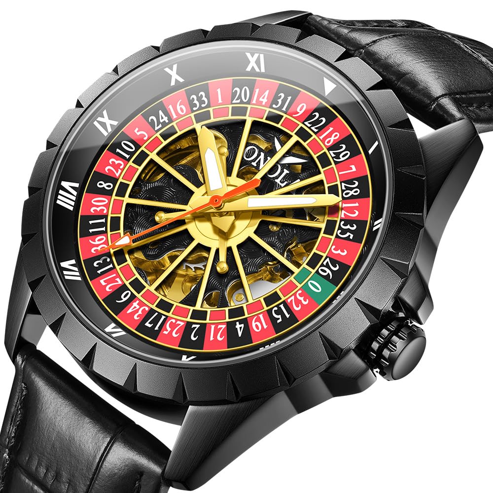 Orologio meccanico automatico da uomo con quadrante rotante oscillante e cinturino in vera pelle impermeabile di lusso