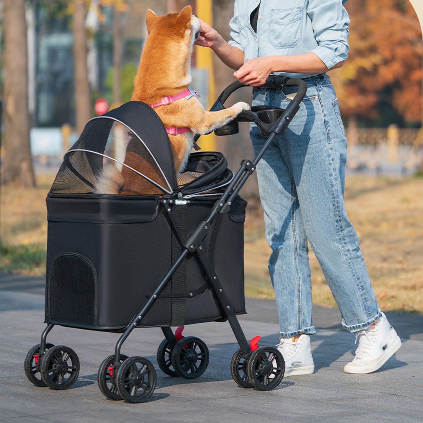 Alomejor Cochecito Plegable para Mascotas, Carrito para Perros y Gatos con Paraguas y Portavasos, Cochecito Click Click para Perros, Transportadores para Mascotas (#11)
