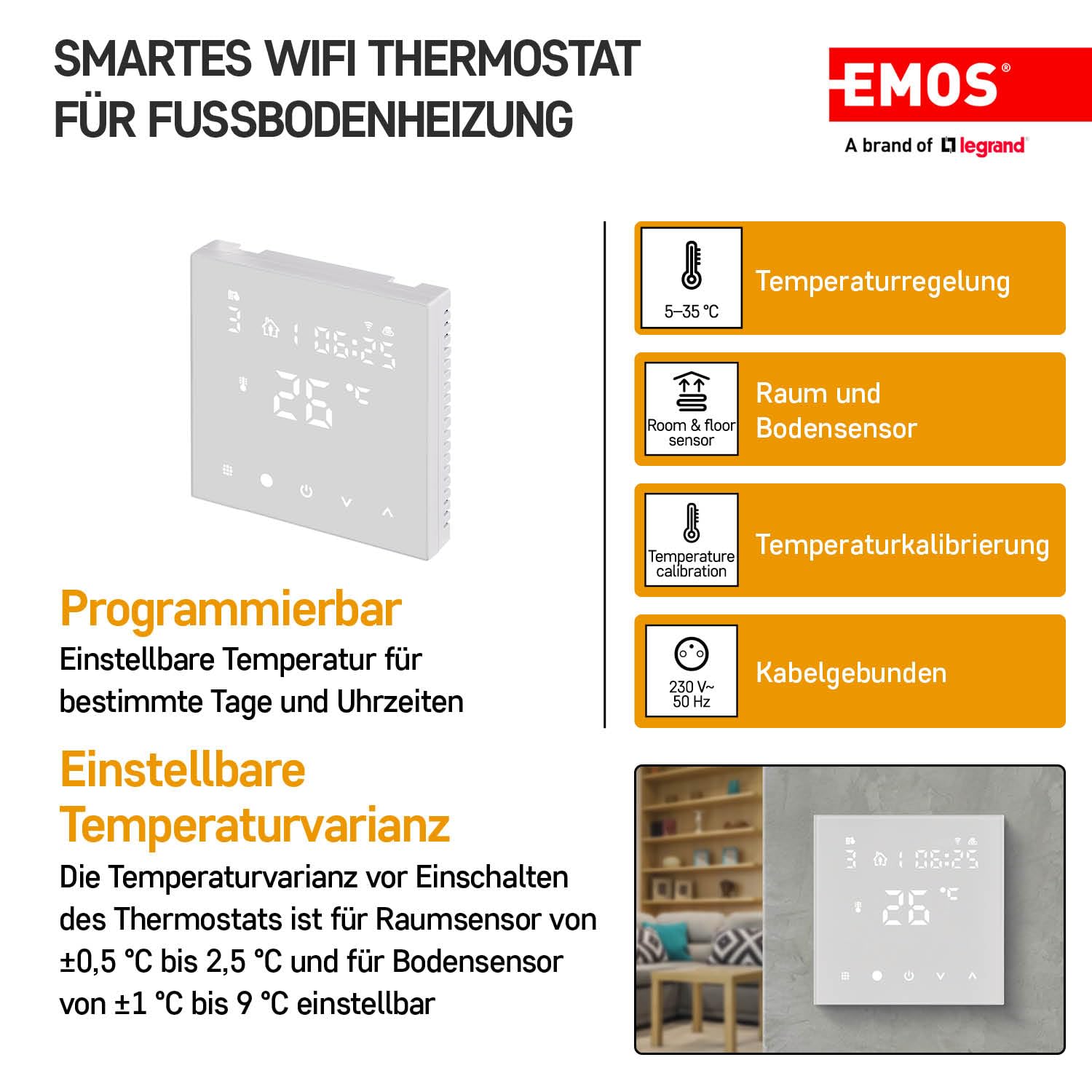 EMOS GoSmart - Termostato para calefacción por suelo radiante con aplicación, termostato inteligente programable, incluye sensor de suelo, histéresis ajustable, compatible con Tuya, Smart Life, Alexa,