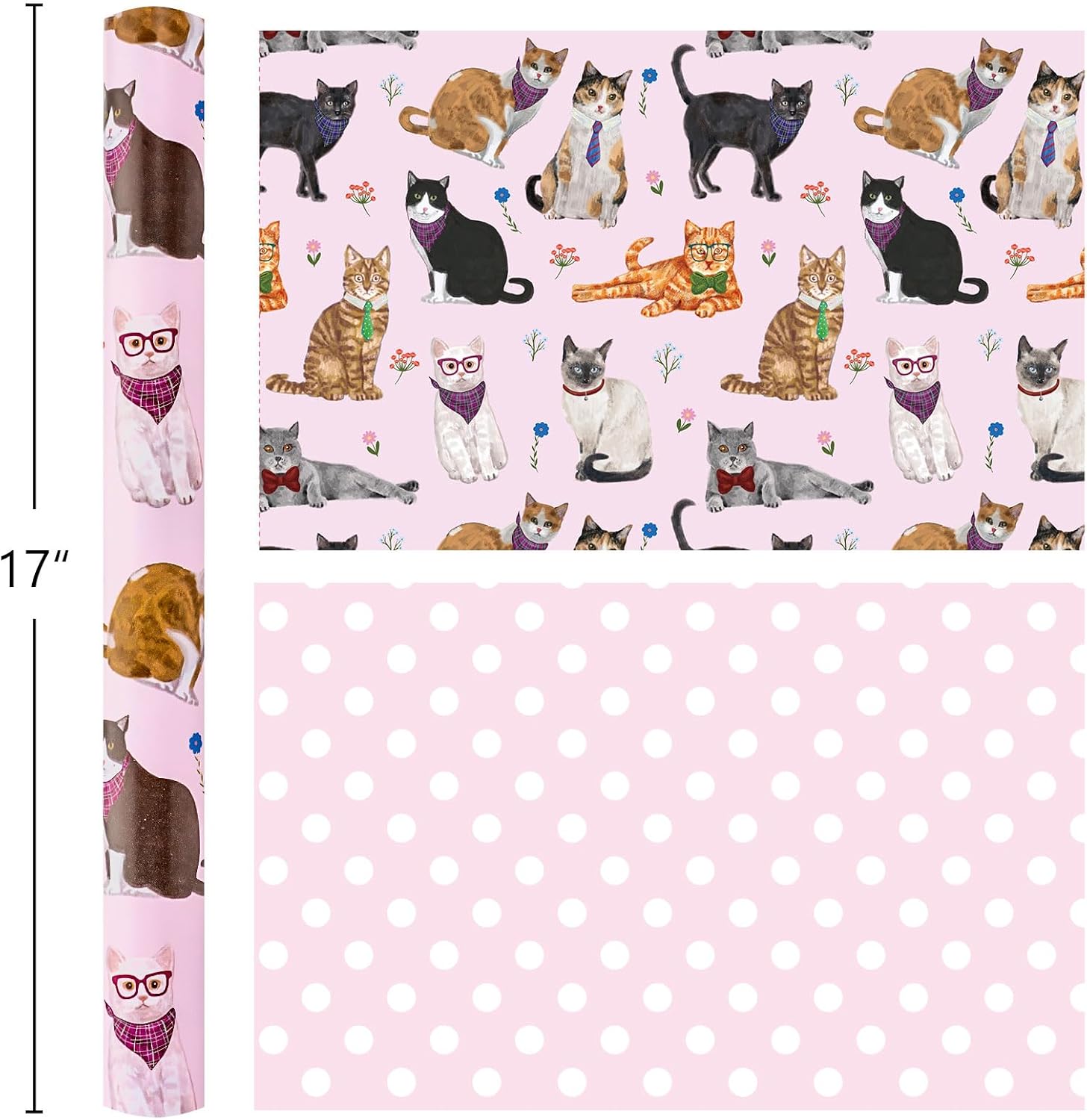 Burymento Pink Lovely Cat Wrapping Paper, Reversible Wave Point Gift Wrap for Birthday, Valentines, Mothers day, Graduation, Wedding, Fathers day, Baby Shower, Christmas (17in x 16.4ft) image 3