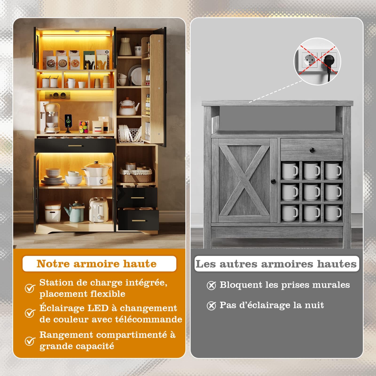 KOMHTOM Buffet de Cuisine Haut 105 cm Style Ferme, Vaisselier avec Prises, LED et Rangement pour Épices, 3 Tiroirs et Portes en Verre, Noir/Bois(2-Style Ferme & Épices (105cm) - Noir/Bois)