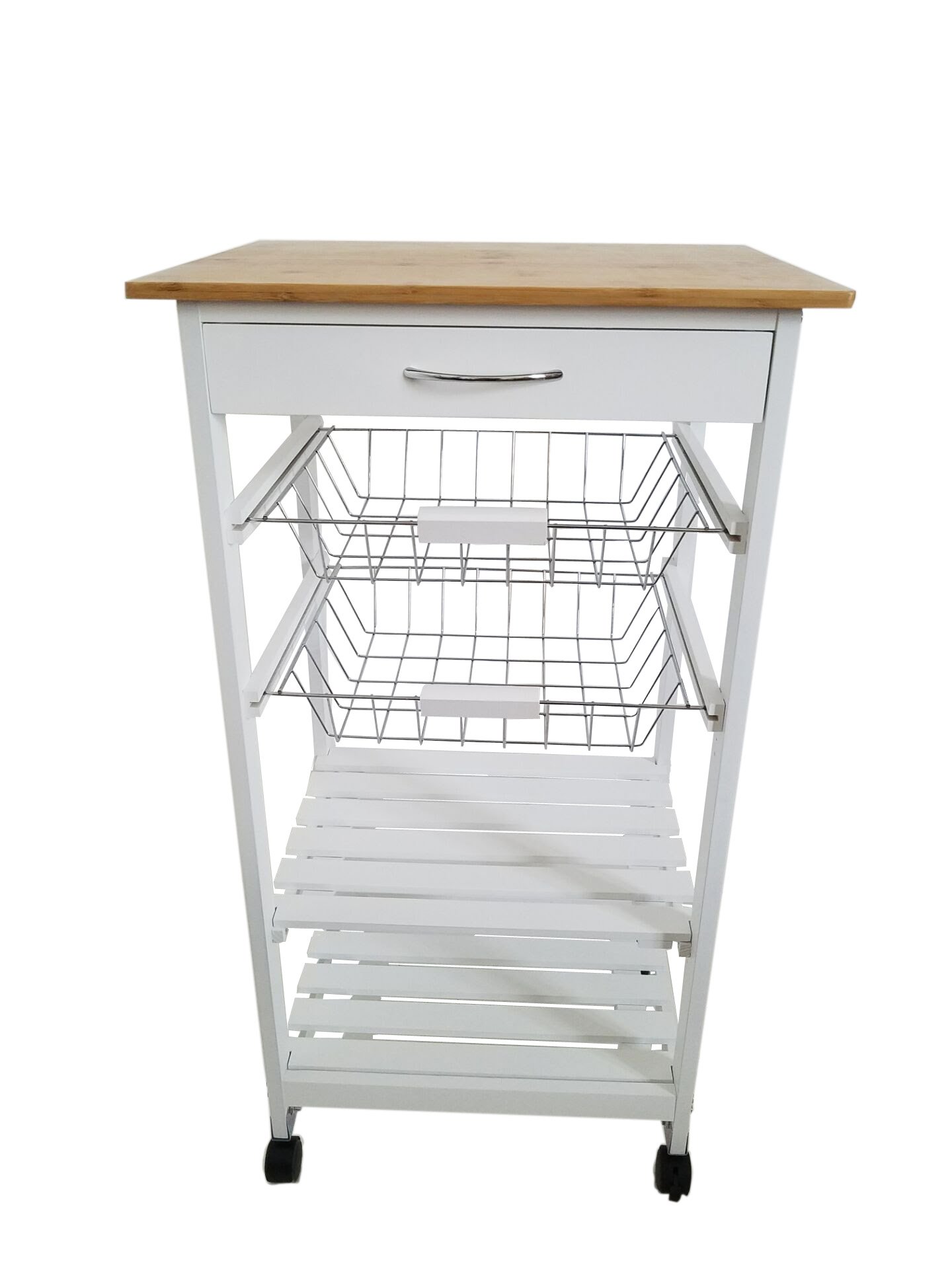 Verdulero frutero de Cocina Color Blanco-Miel, Carro de Cocina con Ruedas, 87x47x37, 2 cestas metalicas y 2 baldas