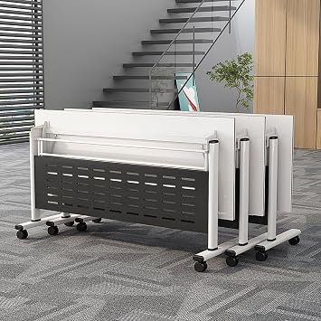 Folding Conference Room Table, Mobile Training Table with Wheels, Flip Top Rolling Seminar Meeting Table for Office,Meeting Room,classr White Desktop + Black Base, 472430in