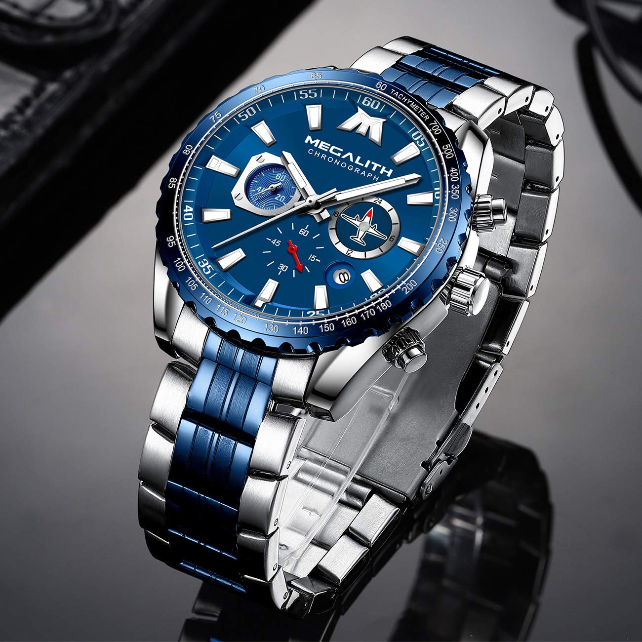 MEGALITH Montre Homme Acier Chronographe Quartz Grand Cadran Montres Bracelets Etanche Lumineuses Date - Cadeaux pour Hommes