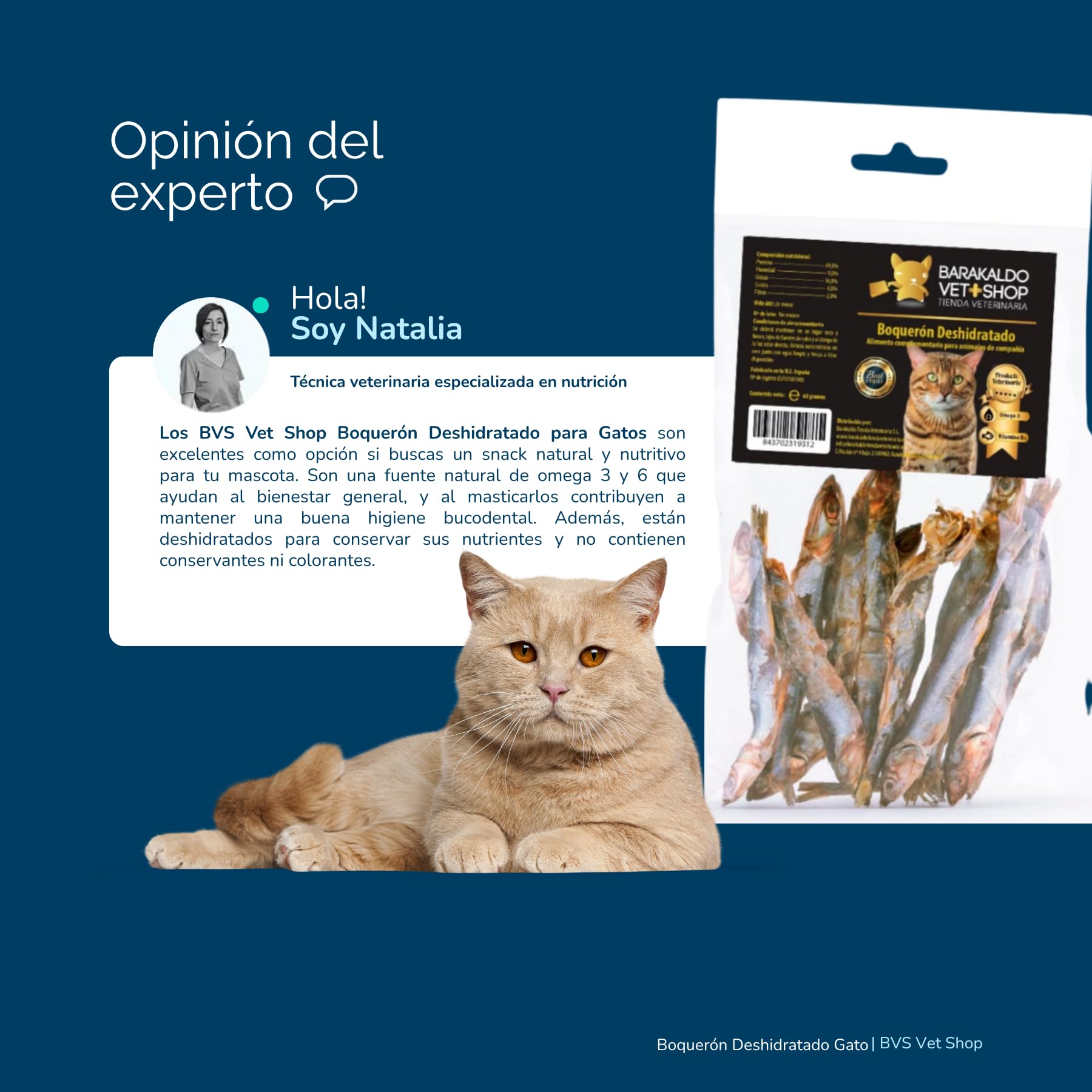 BVS Vet Shop | Boquerón Deshidratado para Gatos | Ayuda a Mantener una dentadura Sana y una higiene bucodental óptima | 60 gr