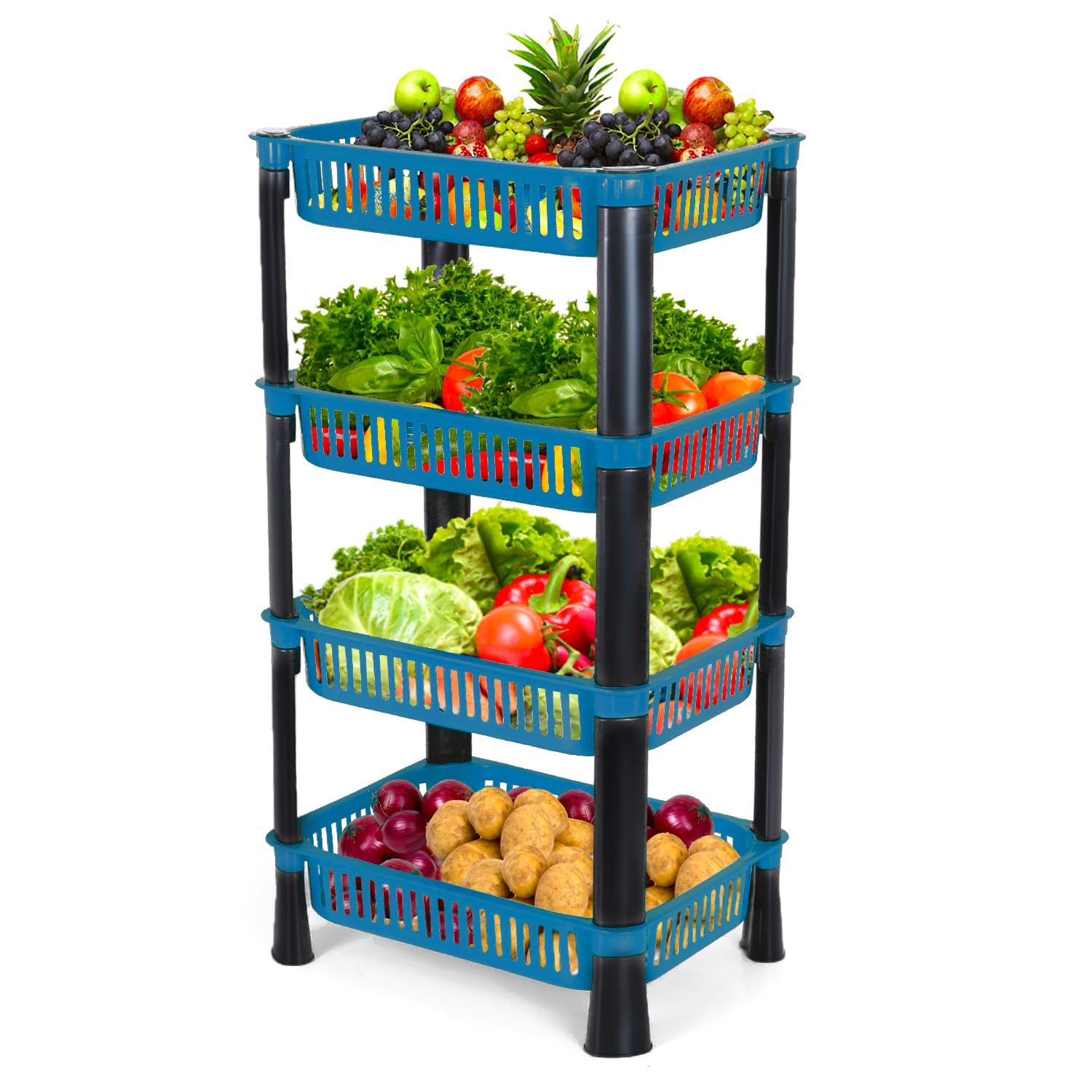 HROY Plastic Vegetable Trolley Rack for Kitchen Storage Vegetable Organizer, Vegetable Stand for Kitchen Basket, Storage Racks (Blue, 4 Layer)