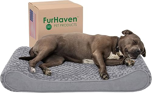 Furhaven - Cama ortopédica de piel sintética ultraafelpada y gamuza para perro, con funda extraíble lavable, color gris, L
