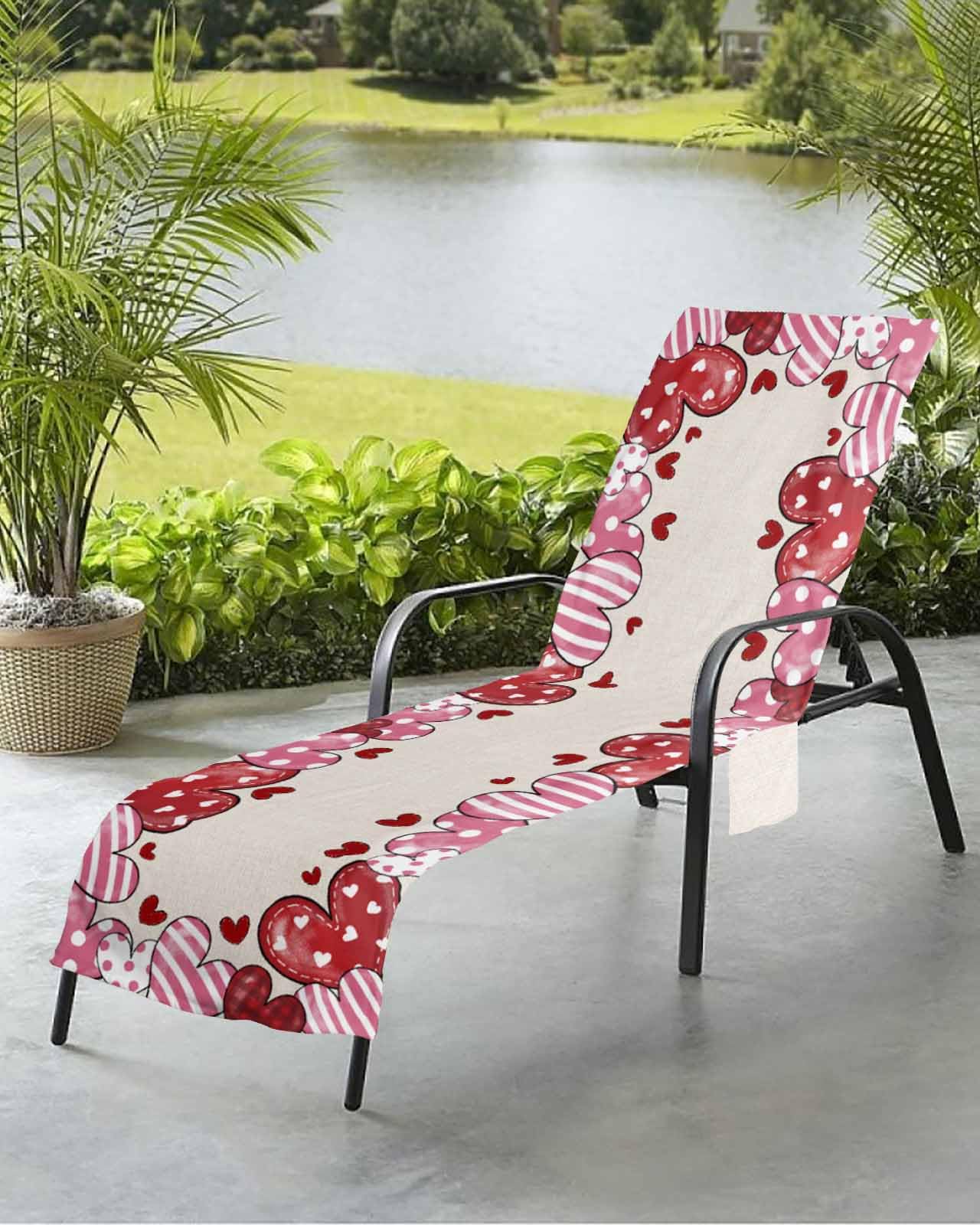 Watercolor Love Beach Chair Towel Covers for Chaise Lounge with Side Pocket, Soft Plush Pool Towels Cover for Patio Sunbathing Outdoor 29''x85'' Valentine's Day Stripes Dots Heart