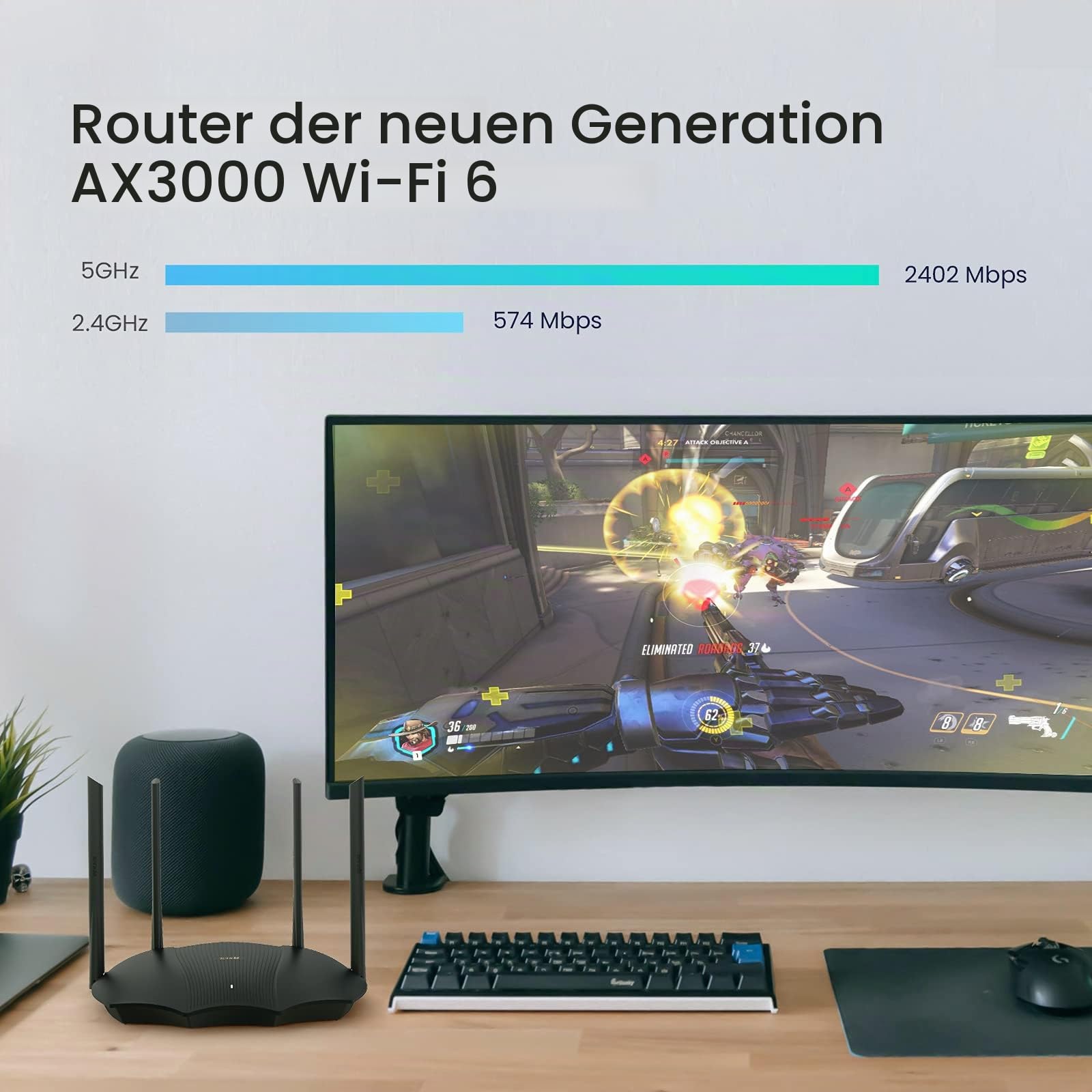 Tenda WiFi 6 AX3000 Smart WiFi Router, Dual Band Gigabit Wireless Internet Router, AX Router mit 4 Gigabit-Ports, OFDMA+MU-MIMO, Kindersicherung+Fernbedienung, Einfache App-Setup, IPV6&WPA3, RX9