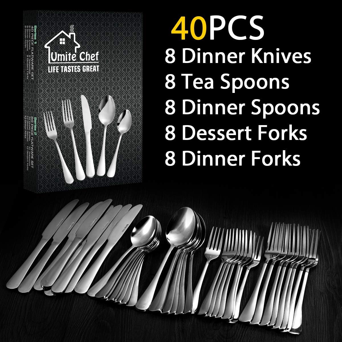 40-Piece Silverware Set, Umite Flatware Cutlery Set Fit for Home/Hotel/Restaurant, Service for 8, Mirror Polished, Anti-rust, Dishwasher Safe