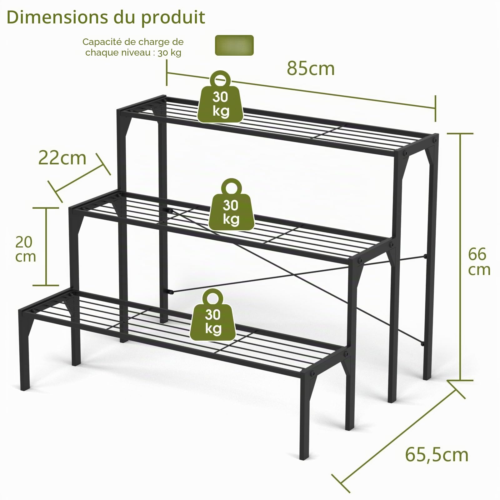 Étagère pour plantes à échelle en métal, porte-fleurs, support multi-usage et robuste pour fleurs à 3 niveaux, piédestal pour plantes de balcon, jardin, noir (86,4 x 66 x 66 cm)