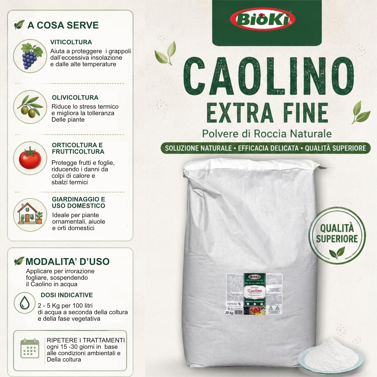 Bioki CAOLINO per Agricoltura, N.1 Busta da 20 kg, Alta micronizzazione per Insetti molesti da Applicare in frutticoltura, olivicoltura, viticoltura, floricoltura e Giardinaggio.