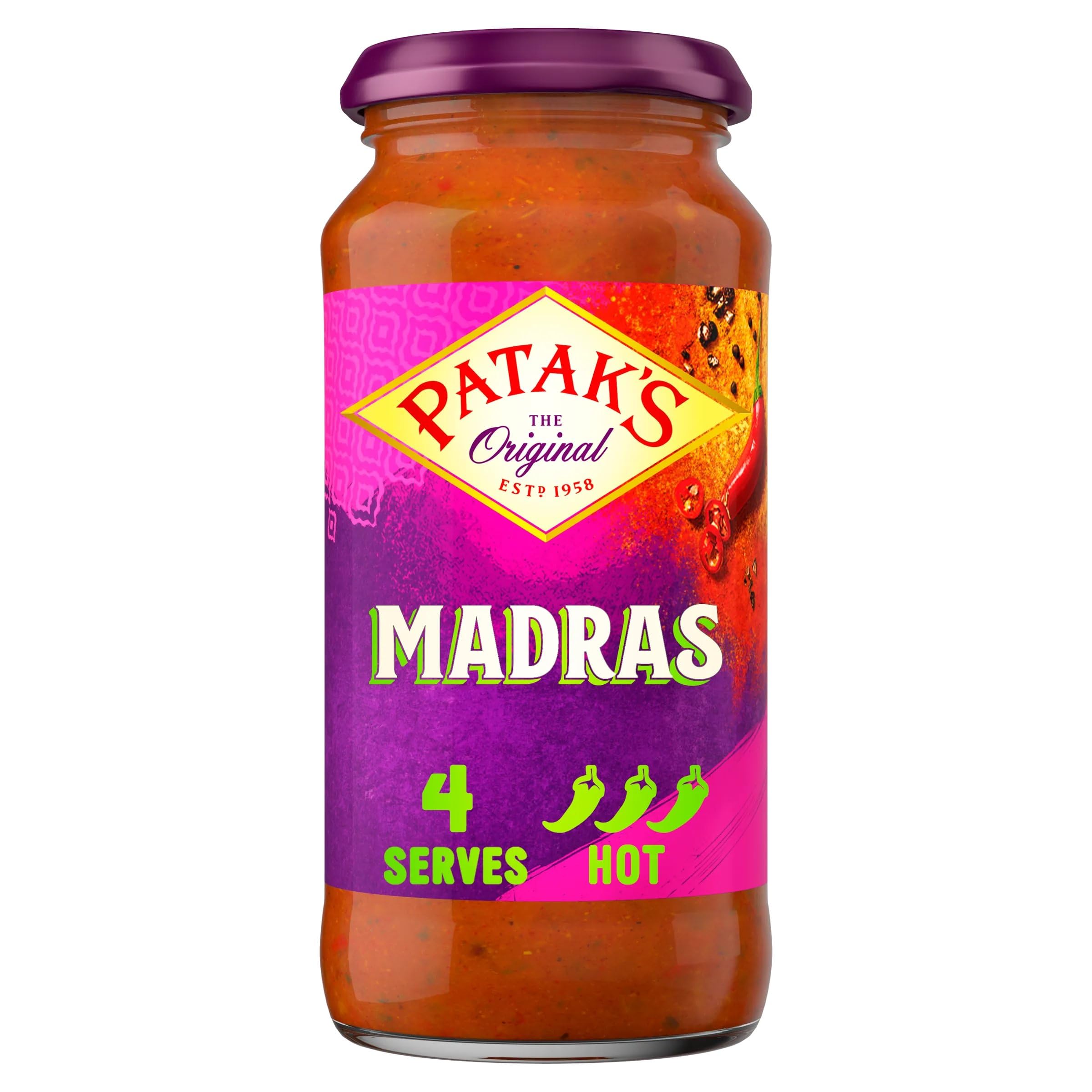 Patak's Madras Curry Sauce 450g | Hot Spice | Serves 4 | Authentic Indian Simmer/Cooking Sauce