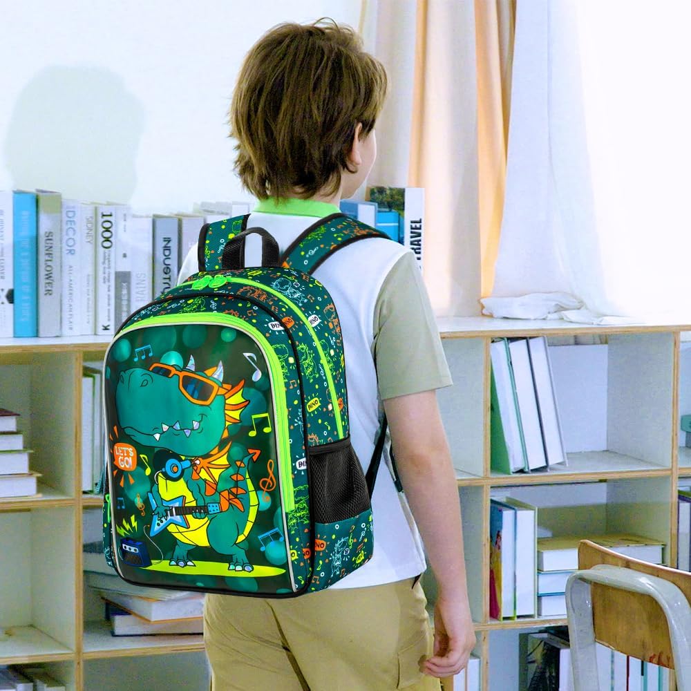 Boys Backpack, 16" Dinosaur Kids Bookbag with Lunch Box, 3Pcs Dino School Backpacks for Elementary Preschool Kindergarten (Green) - Image 8