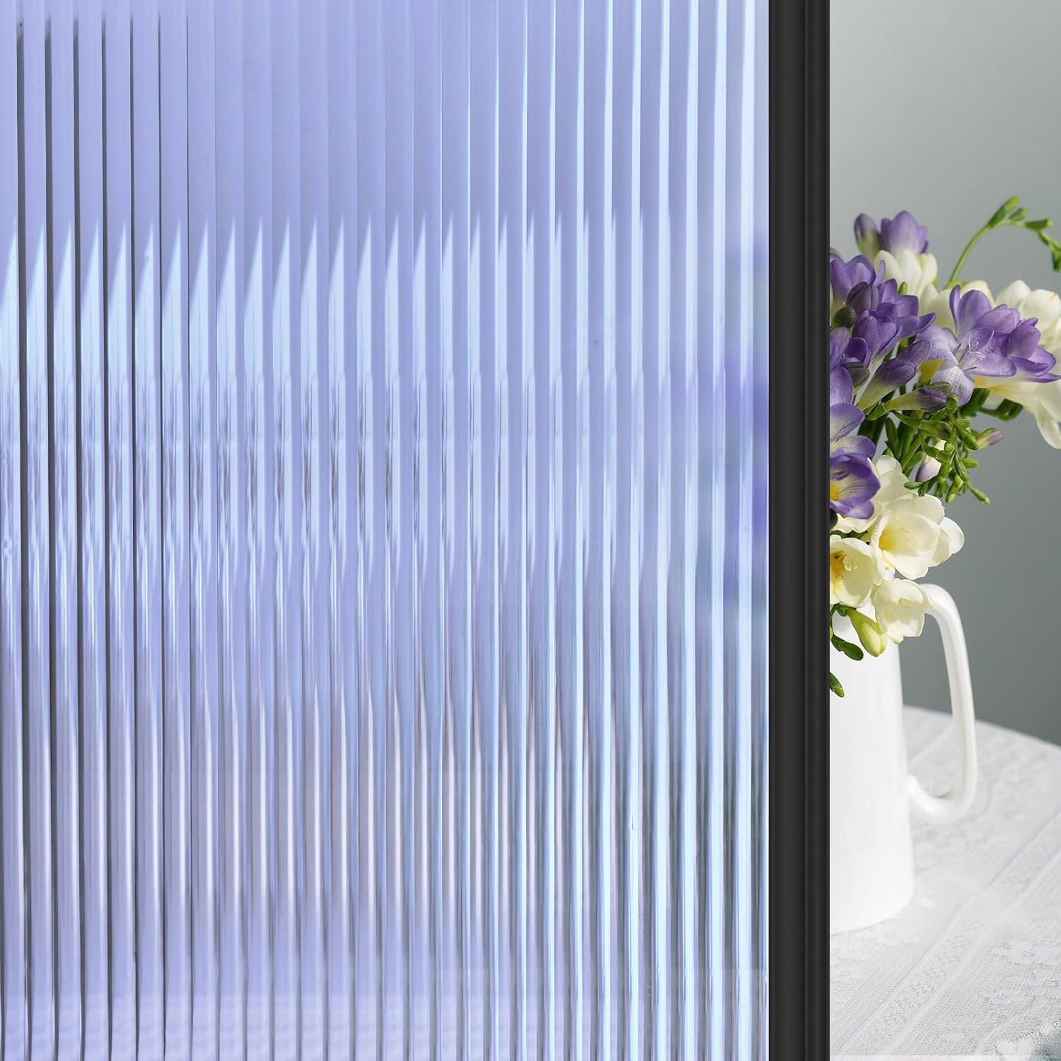 (2 PACK) Beautyhero Window Privacy Film, Frosted Reeded Glass Cling, 3D Decorative Coverings with UV Blocking, Adhesive Stickers for Bathroom Doors Cabinet Blue 35.4x78.7 In