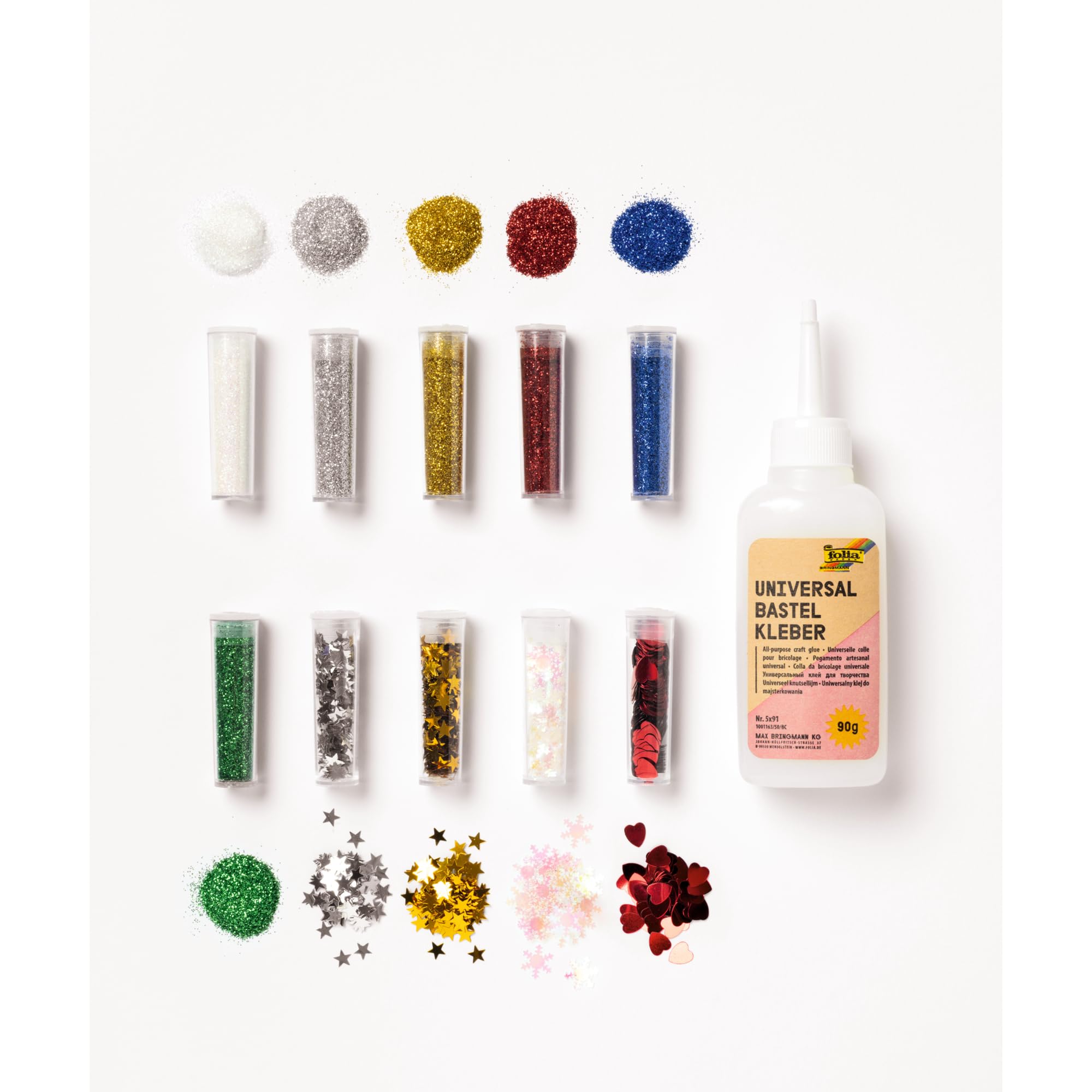 folia 5791 - Organic Glitter & Sequins Set Rainbow, 10 Tubes Including 90 g Decorative Glue, Organic Glitter and Sequins in Various Shapes and Colours, for Decorating and Decorating