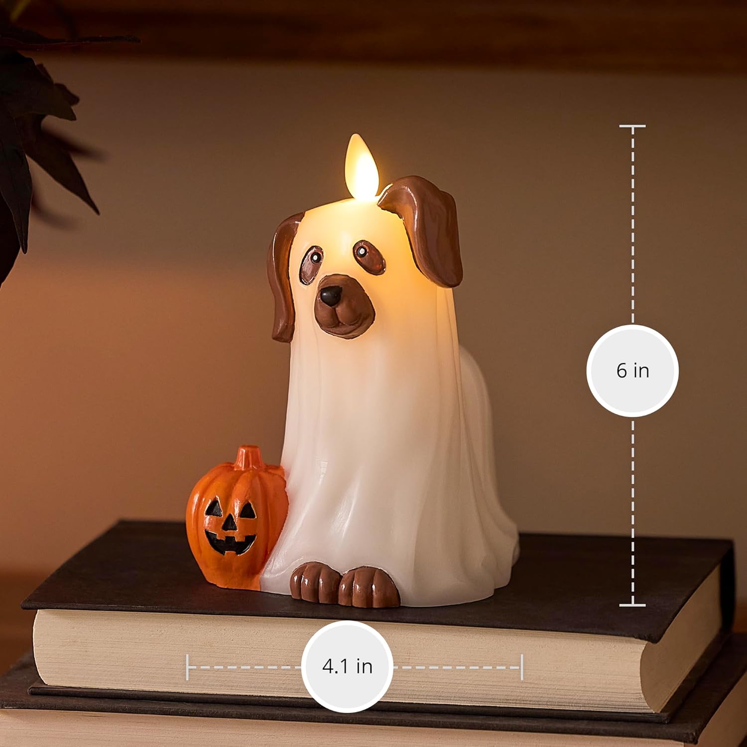 Luminara Flameless Halloween Ghost Dog Candle 3.5" x 7", Indoor LED Light Home Figurine Decoration w/Hand Painted Details, On/Off Timer, Batteries & Remote Sold Separately, Cute Spooky Puppy Ornament