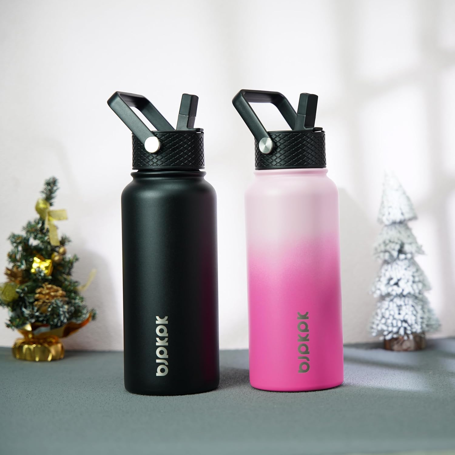 BJPKPK 2 Pack Insulated Water Bottles with Straw Lids, 27oz Stainless Steel Metal Water Bottle with 6 Lids, Leak Proof BPA Free Jugs, Cups, Flasks for Travel, Sports (Cherry+Black) - Image 5