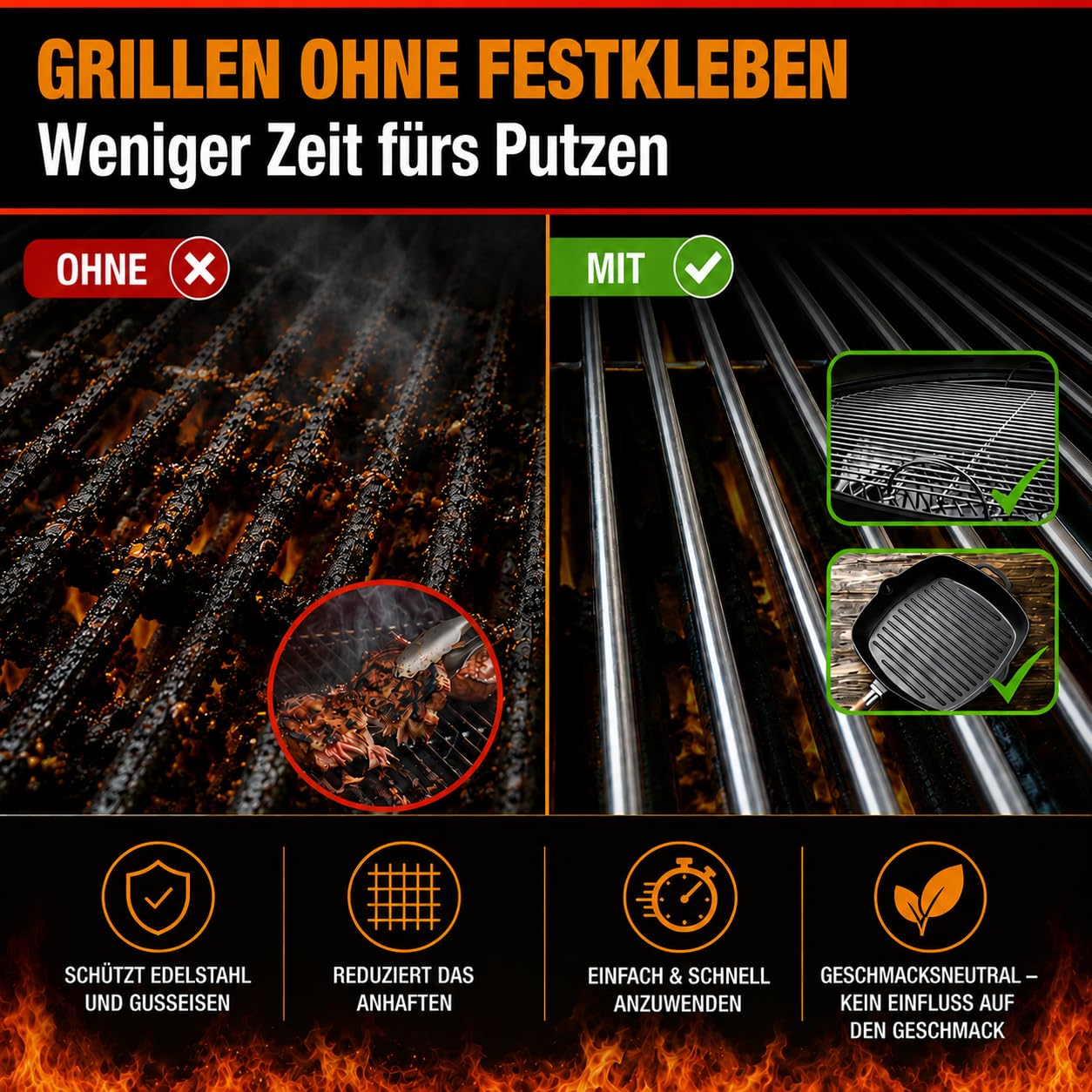 VANEJA Trennspray Grill 4 x 200 ml – Fetttrennspray & Backtrennspray | Trennspray, Grill Spray & Grillspray für Grillrost, Gasgrill, Gusseisen, Plancha & Grillplatte – Made in Germany