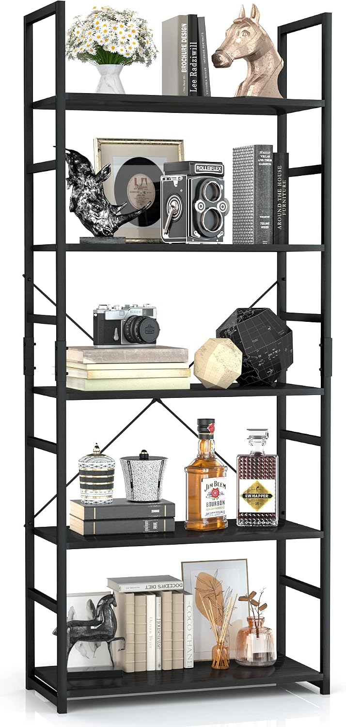 5 Tier Bookshelf, OTK Tall Bookcase, Office Shelf Storage Organizer, Modern Book Shelf for Living Room, Bedroom, and Home Office, Black