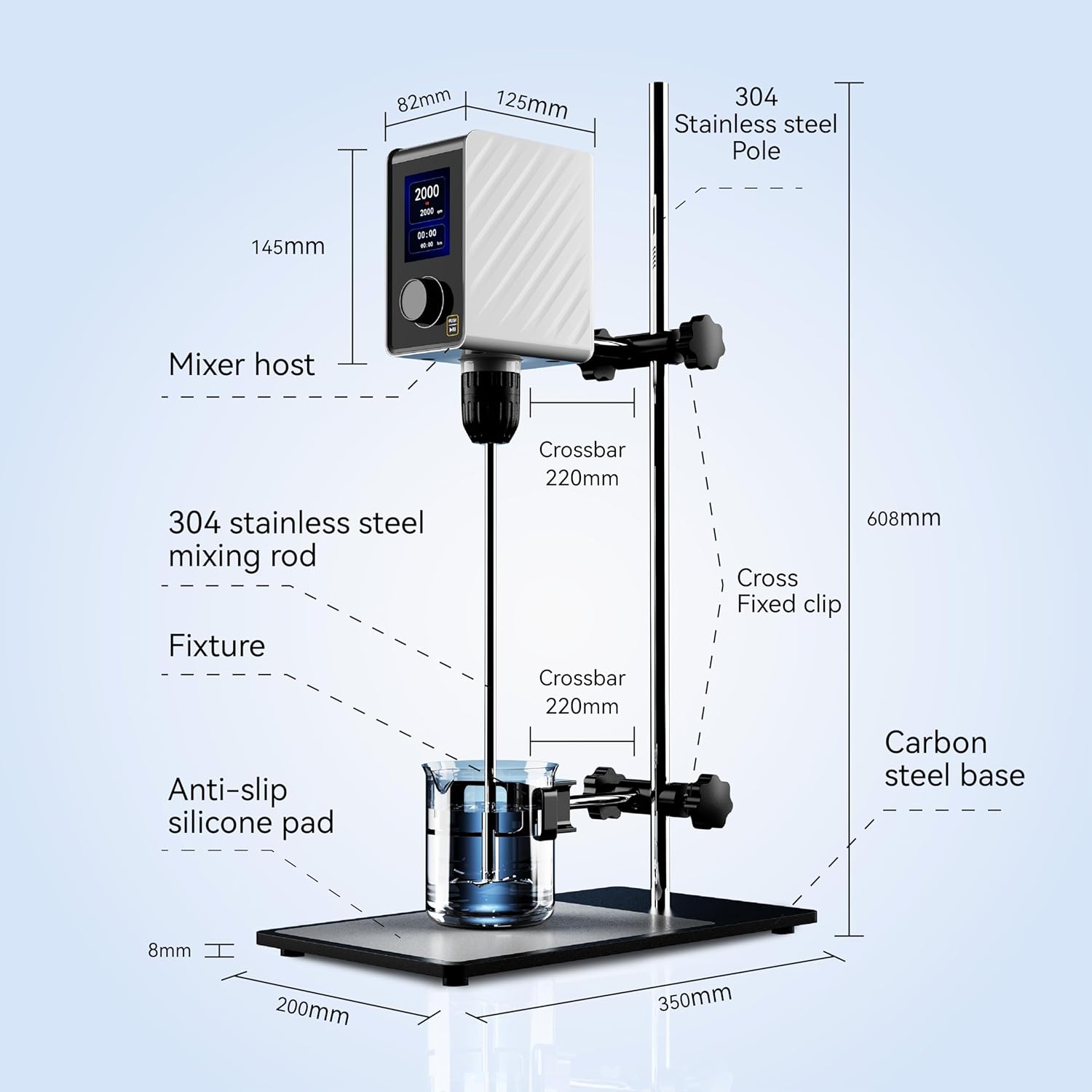 Electric Overhead Stirrer Mixer, Digital Lab Stirrers with 100-2000RPM,Max 20L 10000mPas Viscosity Mixer, LCD Display, Timer & Speed Control, Stirring Rod & Stand
