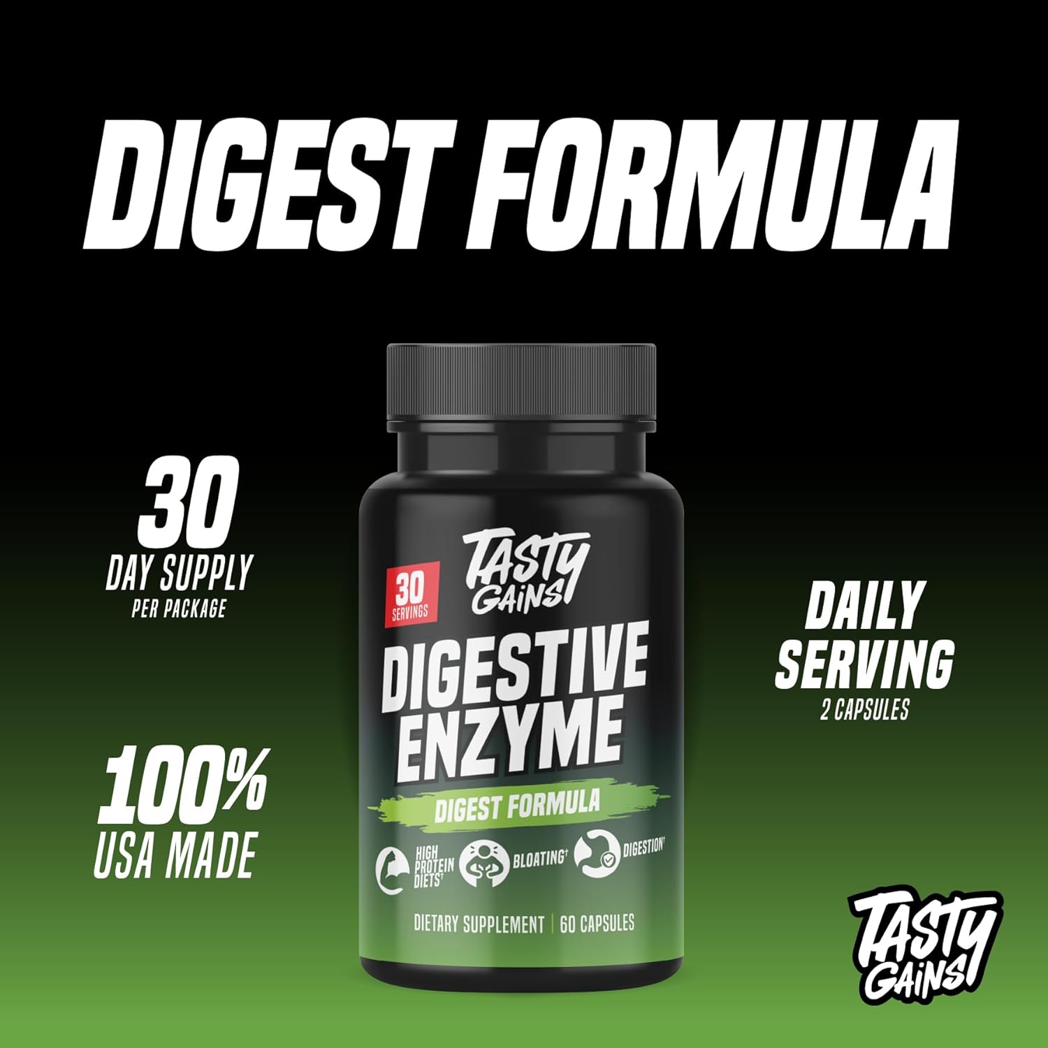 TASTY GAINS - Complete Digestive Enzymes Supplement for Gut Health - Bloating Relief for Men and Women - Enzymes for Digestion - Food Discomfort Relief & Debloat (60 Capsules) - Image 4