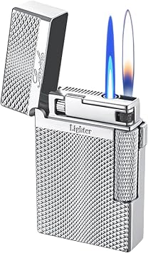 Dual Flame Torch Lighter, Silver, Refillable Butane Flip-Top with Diamond Textured Finish