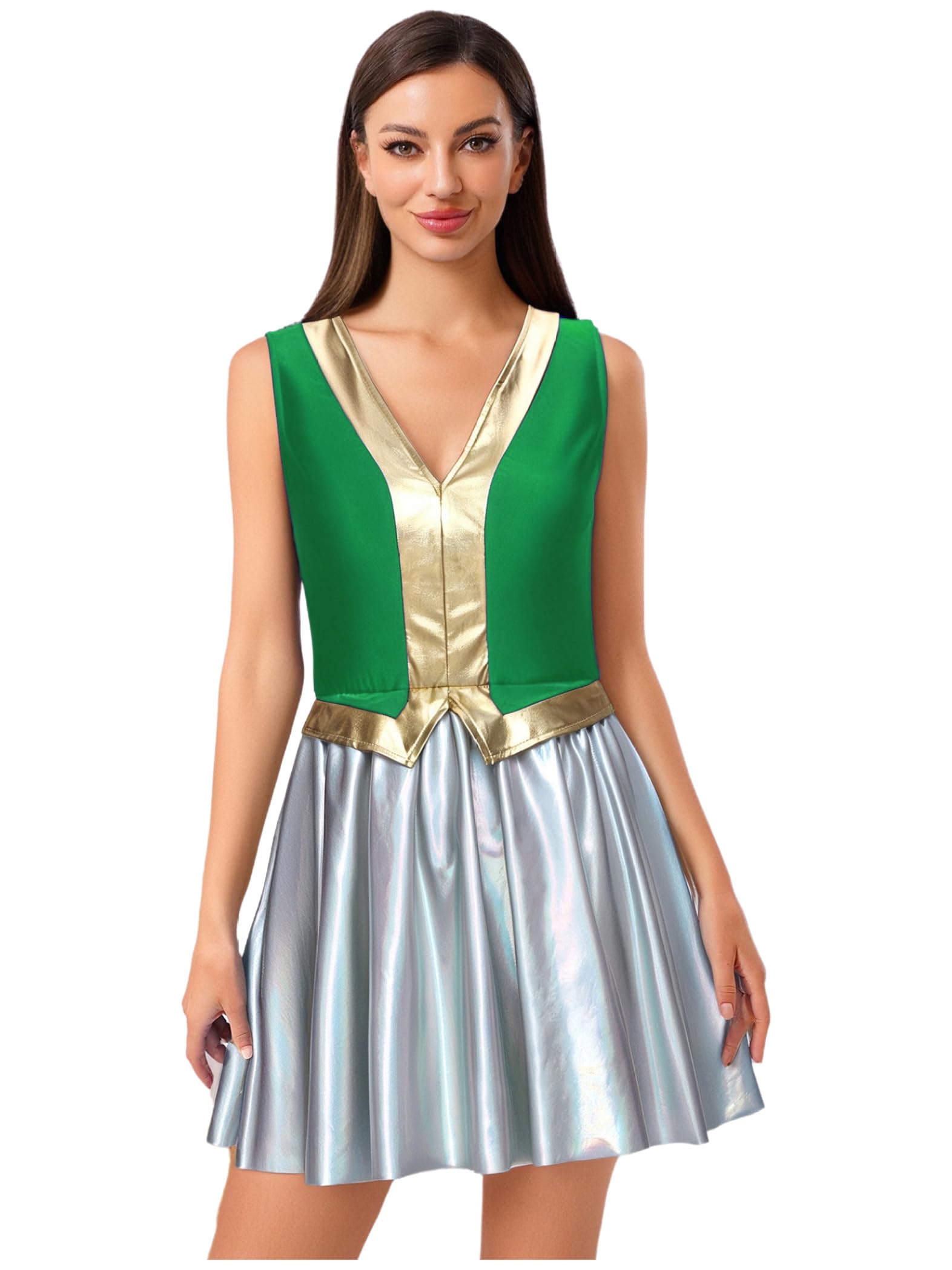 Sinleey Toadette Costume Women Mushroom Cosplay Toadstool Pleated Mini Dress Halloween Fancy Outfit Green 4XL