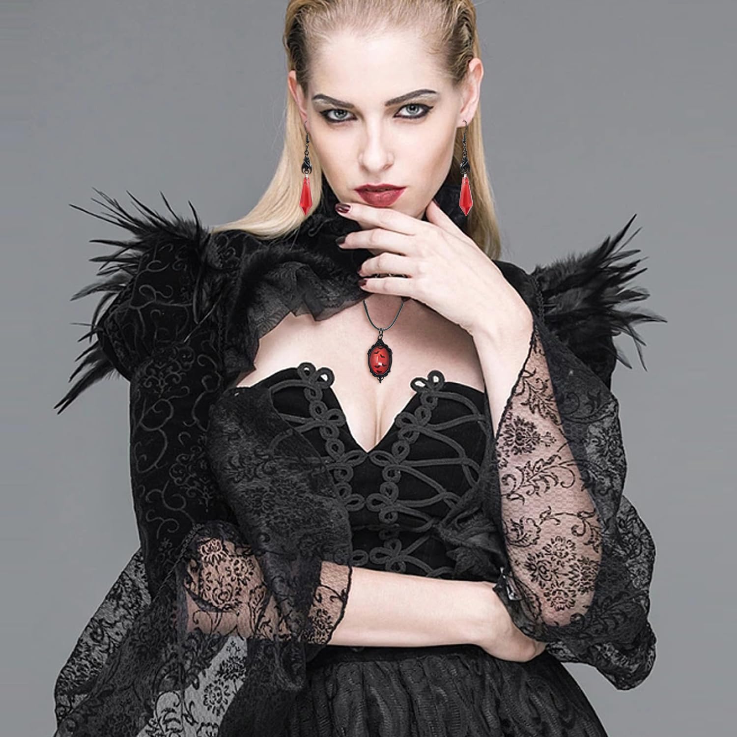yueton 1 Set Gothic Vampire Bat Necklace Red Dangle Earrings Red Glass Bat Pendant Choker Bat Decoration Earrings Mystic Witch Jewelry Halloween Necklace for Women - Image 4