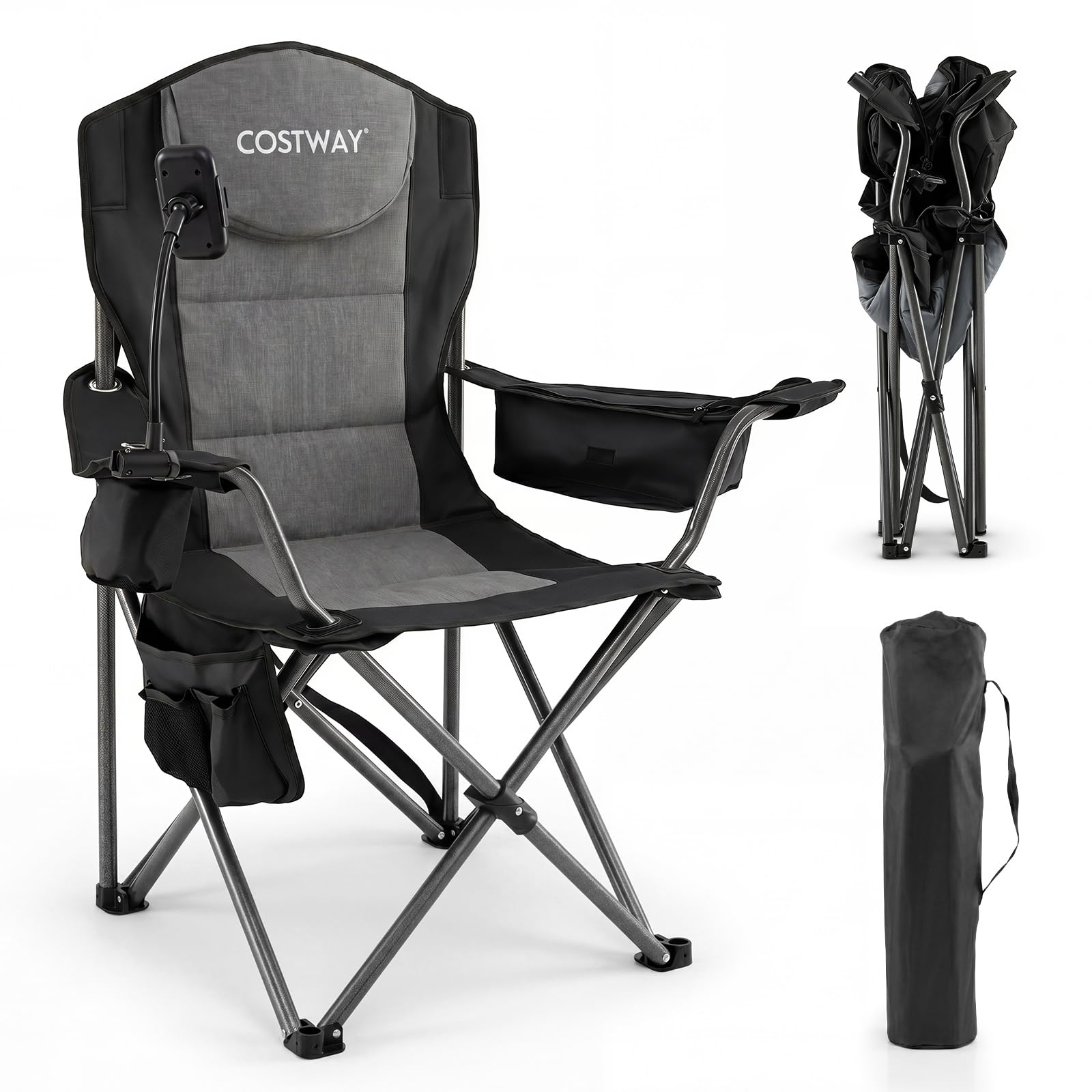 COSTWAY Silla Camping Plegable, Acolchada, Apoyabrazos Ajustables (Negro,1)