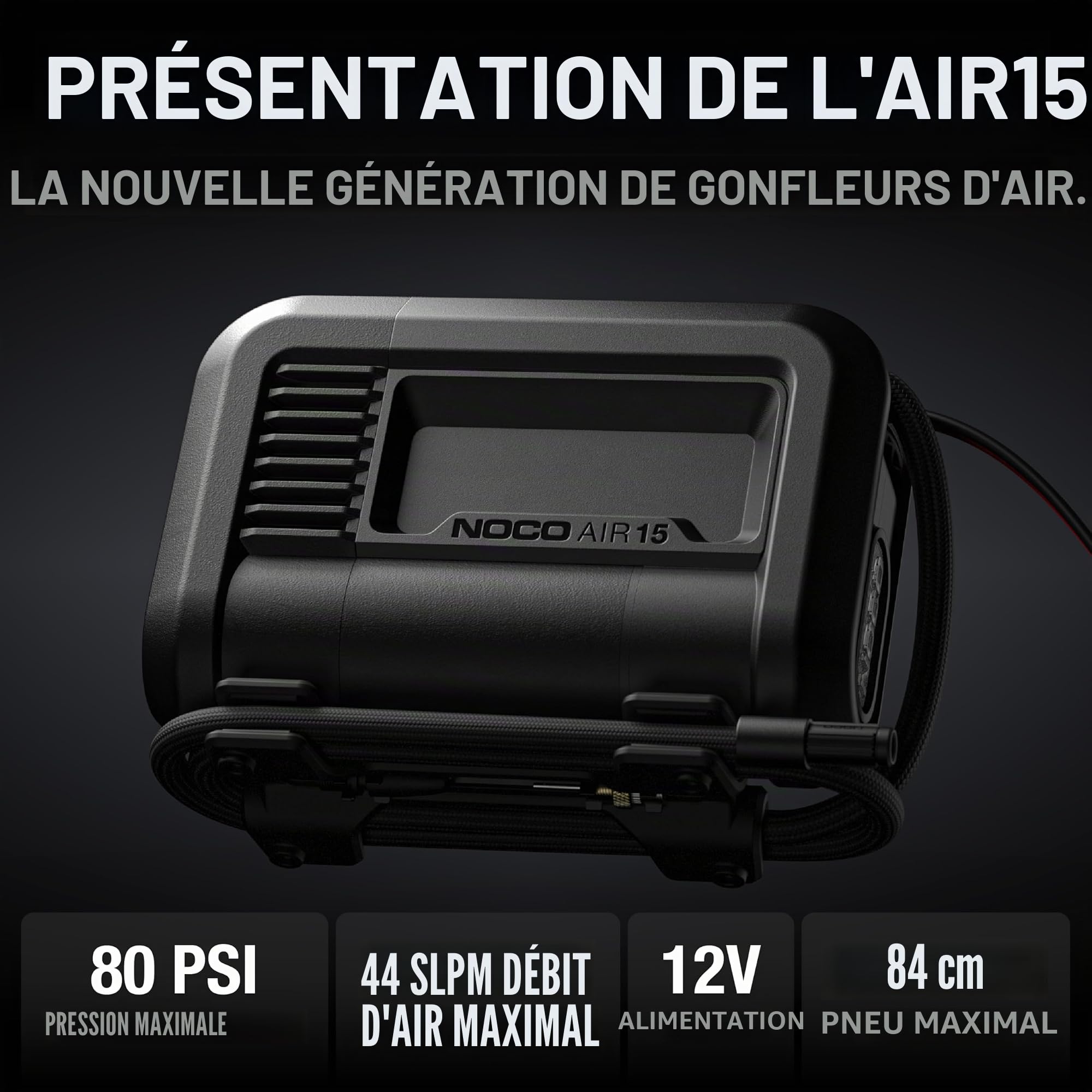 NOCO AIR15: Gonfleur de pneu UltraRapide 15A – Compresseur d’air portable 12V – Débit 44 SLPM – Gonfle de 0 à 40 PSI en 2,9 min – Manomètre numérique + arrêt automatique