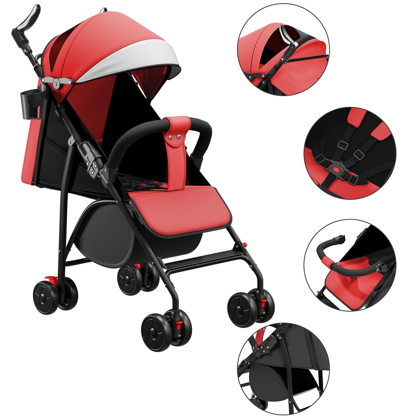 OHMG Passeggino per bambini da 0 a 4 anni, 0 a 22 kg, 3 posizioni di riposo, posizione piatta, pieghevole, con tracolla, imbracatura a 5 punti, cestino, freno a pedale