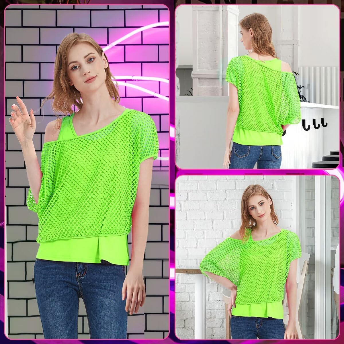 WILDPARTY Women's Casual Sexy Off Shoulder T-Shirt 80s 90s Outfit 80's Costume Fishnet Neon Shirt Summer Short Sleeve - Image 4