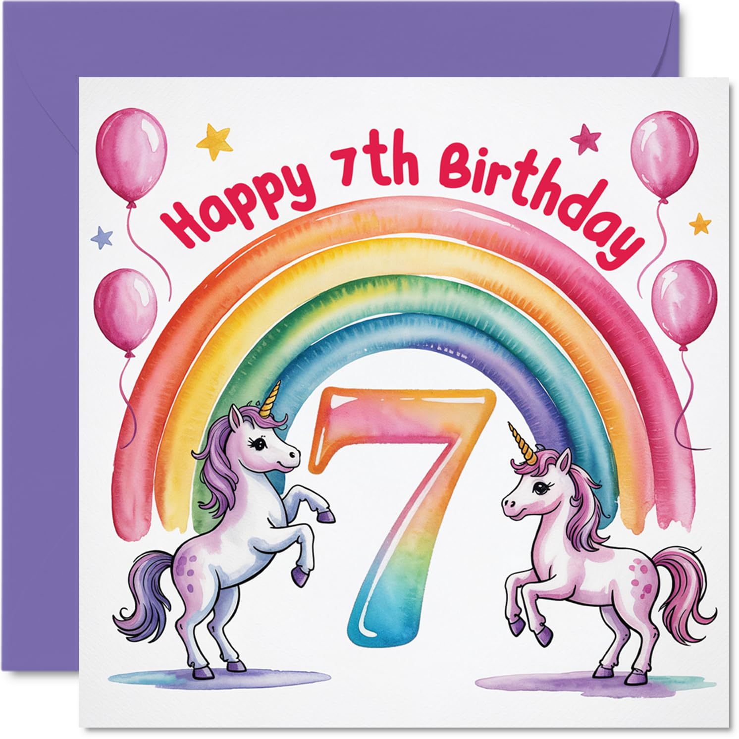 Playful 7th Birthday Card - Magical Birthday Wishes - Unicorn and Rainbow Party Scene with Bright Balloons - Sure to Delight on Their Special Day - 145mm Square, Envelope Included