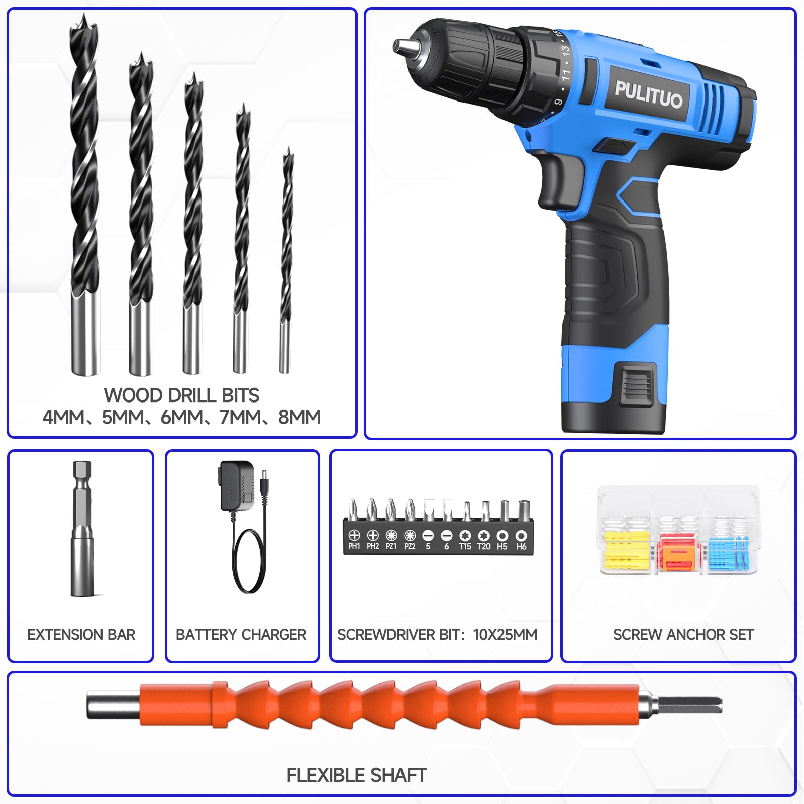 PULITUO 12V Blue Cordless Drill Set - Power Drill Kit with Battery and Charger, 3/8-Inch Keyless Chuck, Built-in LED, 21+1 Torque Setting