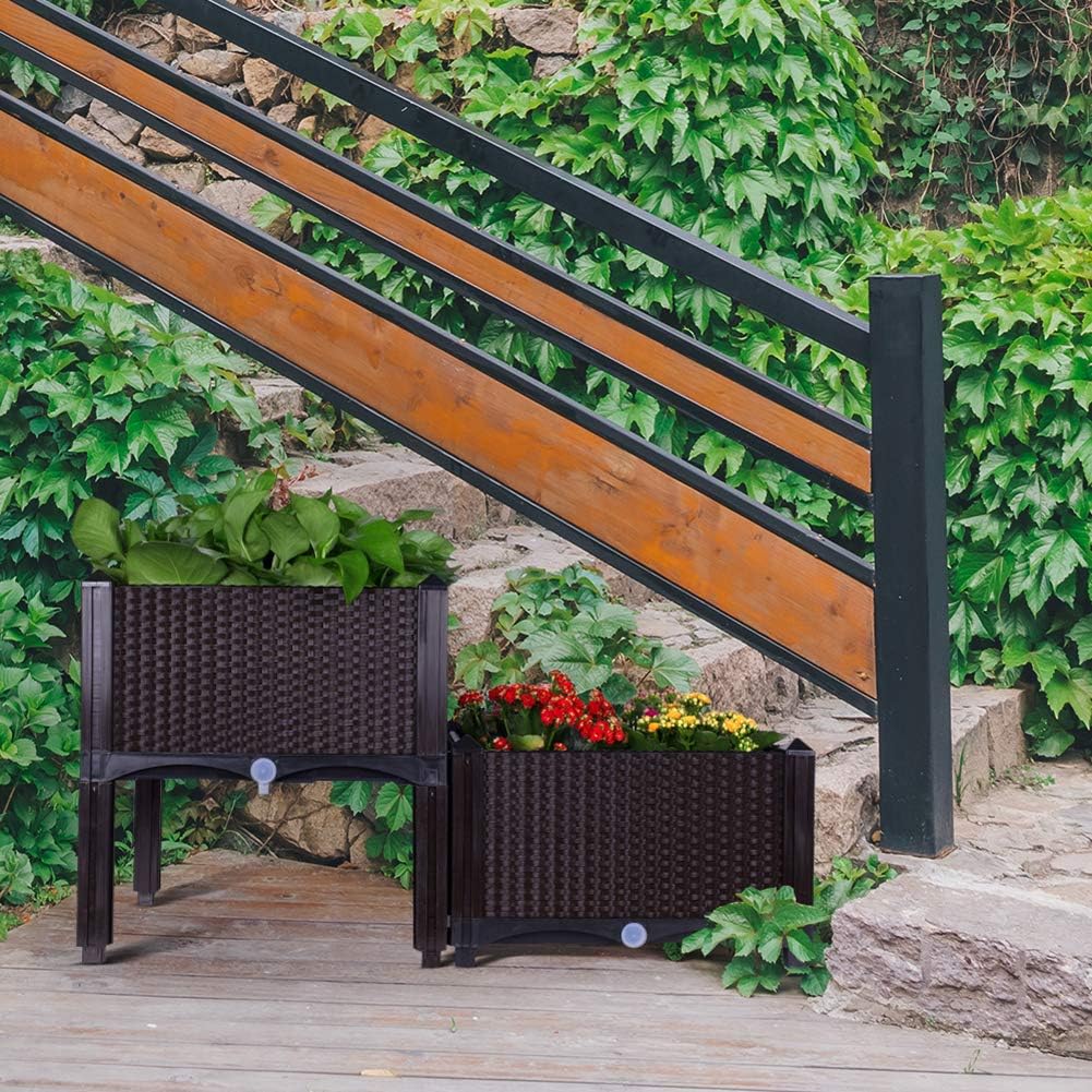 Modern Home Raised Planter Kit - Stackable Modular Flower/Garden Bed Kit - Stacking Brown/White Planter Sets for Home, Restaurant, Office, Garden (Brown, Set of 4)