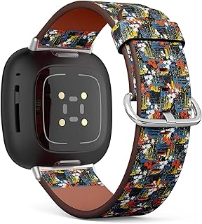 CJBROES Replacement Leather Watch Band, Compatible with Fitbit Versa 3 and Fitbit Sense of Wristband Bracelet Accessory - Flower Blue Yellow