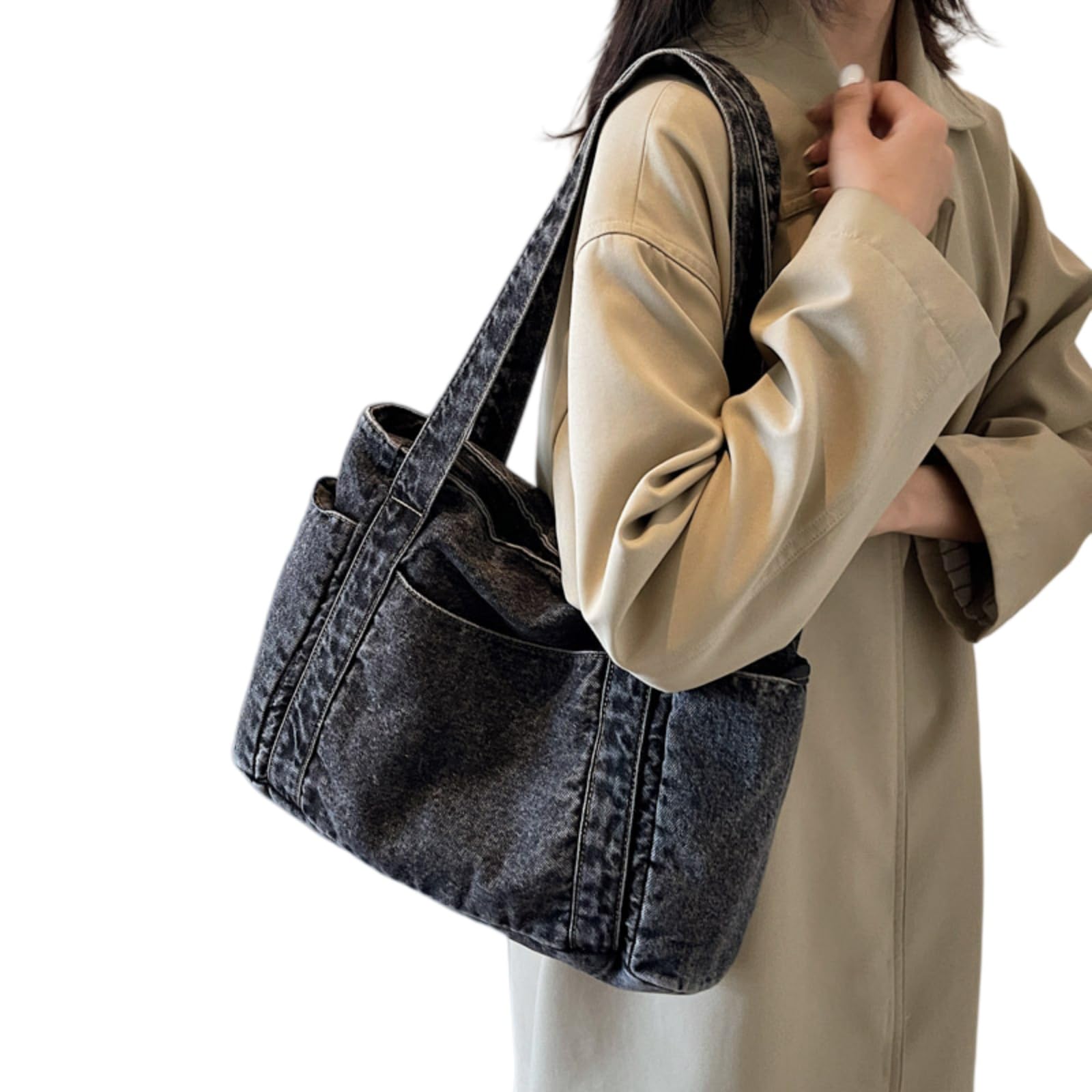 Beauty Case Borsa da Jeans Donna Casual, Tote Crossbody in Denim Leggero con Grande Stoccaggio per Uso Quotidiano-Blue