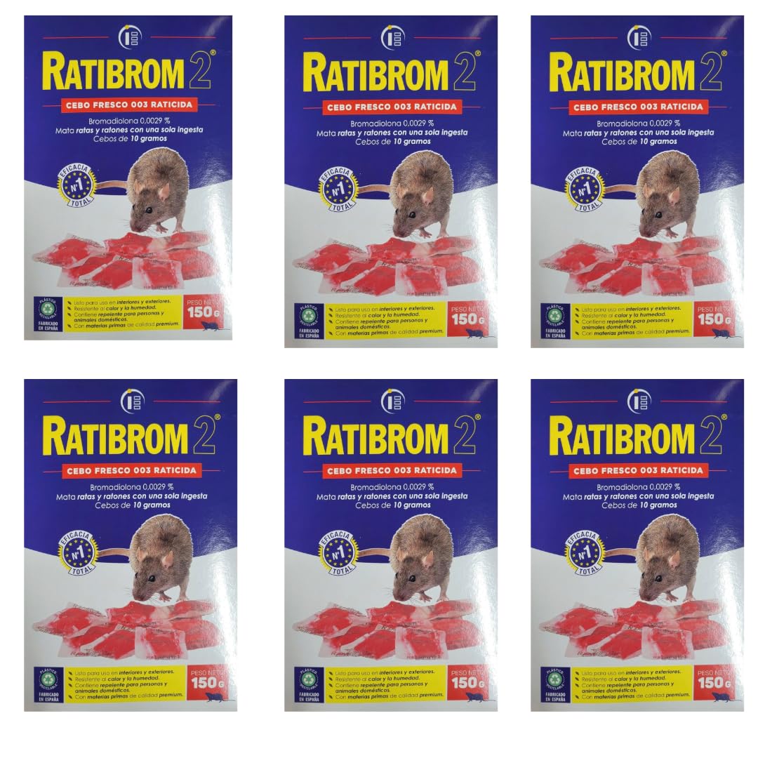 Peyca Ratibrom 2 Cebo Fresco Rojo 150gr - Impex. Raticida para Ratas y Ratones. Resistente al Calor y la Humedad. Eficaz con Solo una Ingesta. Listo para Usar. (6, Rojo)