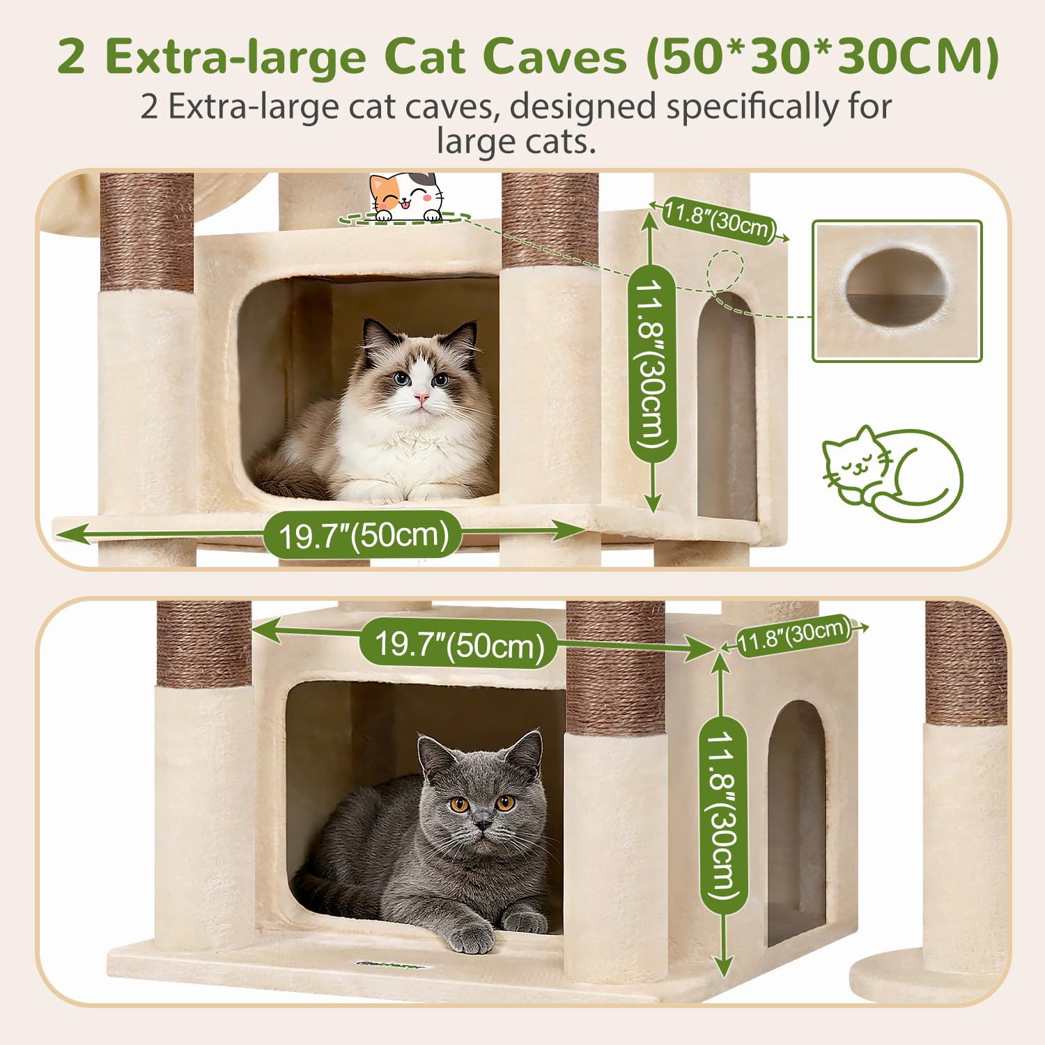 Globlazer Rascador beige XXL para gatos grandes, 192 cm, con 2 cuevas extragrandes, 50 x 30 x 30 cm, plataformas espaciosas, tronco de sisal, rascador estable con soportes para 3 – 5 gatos adultos